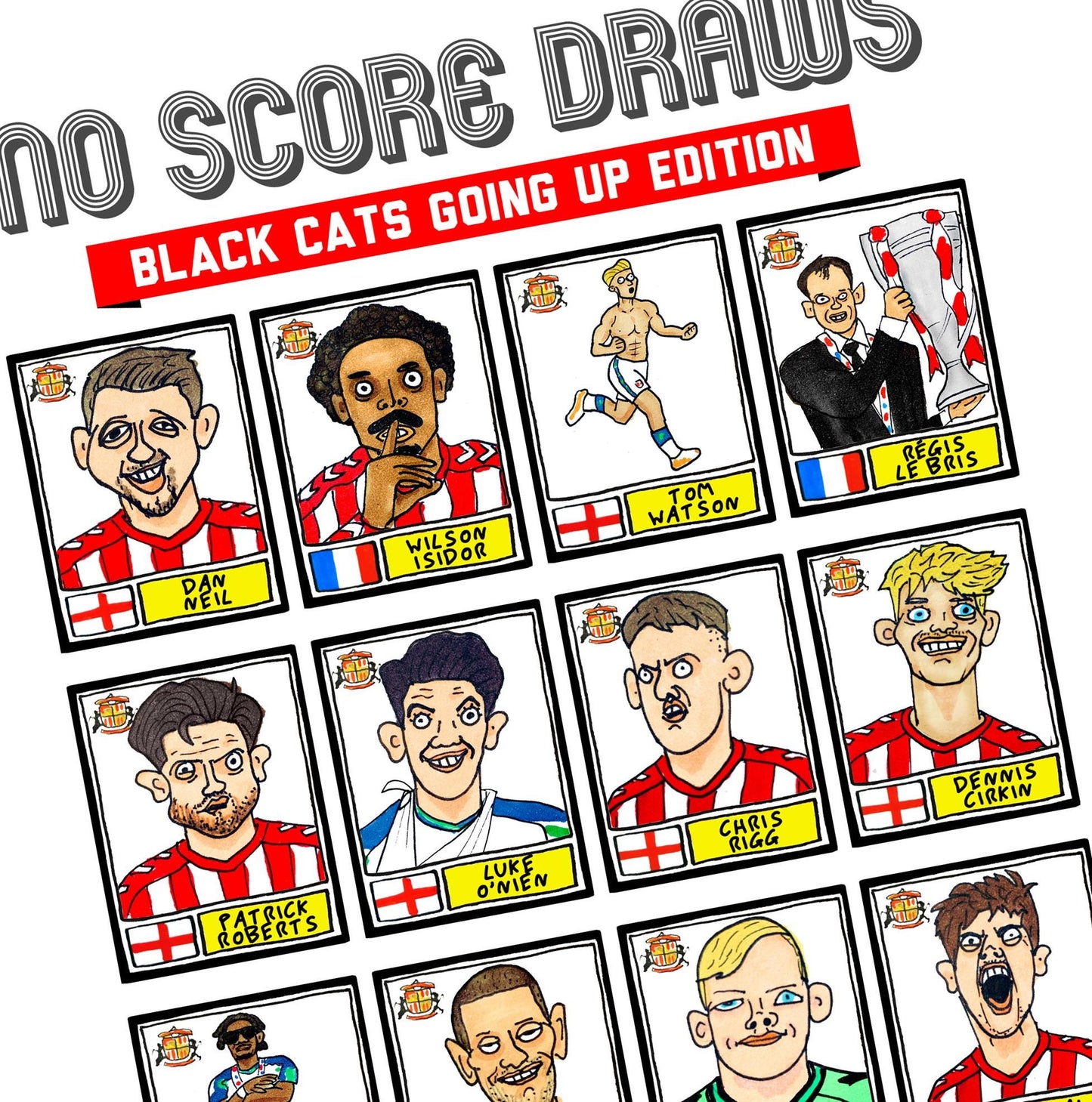 Sunderland Volume 4 - No Score Draws Going Up Edition - A3 print of 24 Wonky-Style Doodles Of SAFC's 24/25 Black Cats Promotion Winners
