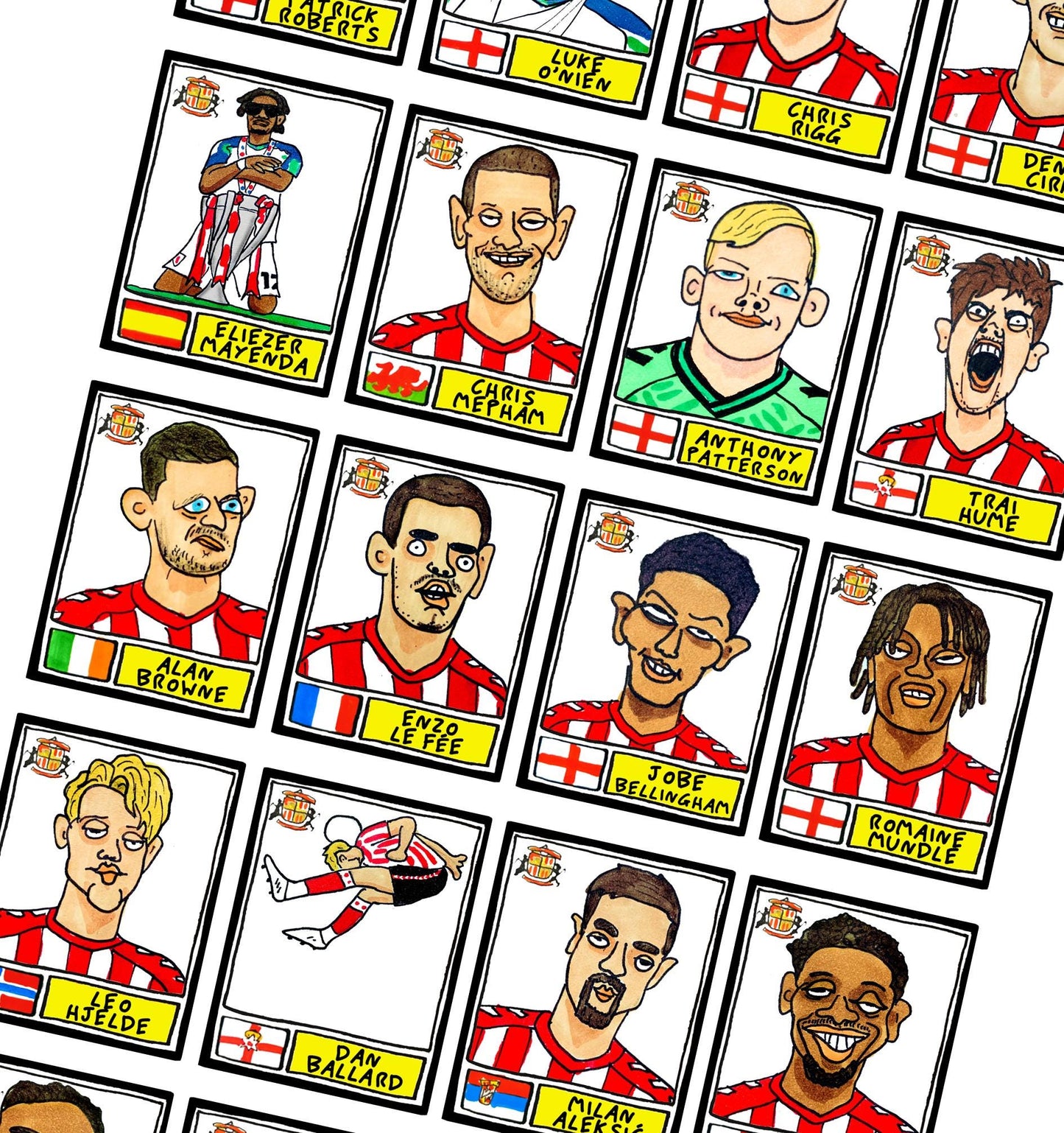 Sunderland Volume 4 - No Score Draws Going Up Edition - A3 print of 24 Wonky-Style Doodles Of SAFC's 24/25 Black Cats Promotion Winners