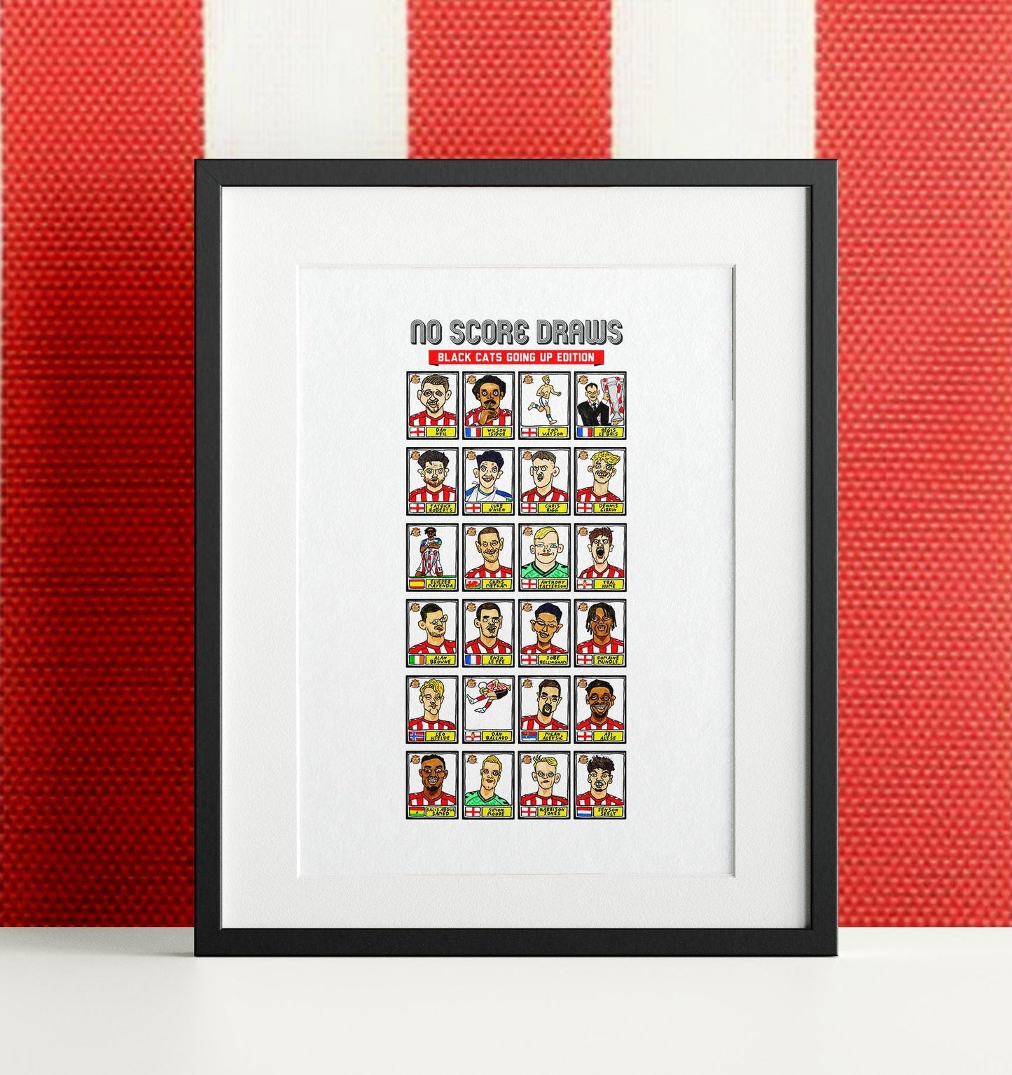Sunderland Volume 4 - No Score Draws Going Up Edition - A3 print of 24 Wonky-Style Doodles Of SAFC's 24/25 Black Cats Promotion Winners