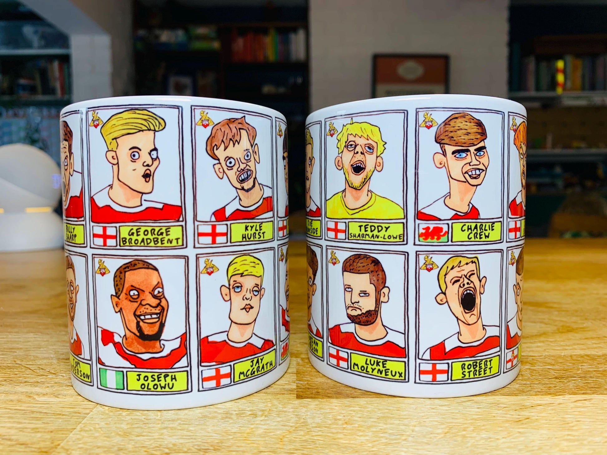 Doncaster Rovers No Score Draws Mug Set - Set of TWO DIFFERENT 11oz Ceramic Mugs with Wonky Panini-Doodles Of DRFC's 24/25 Promotion Squad