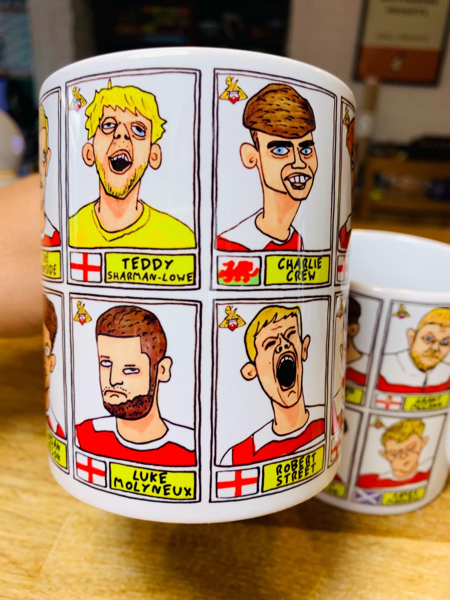 Doncaster Rovers No Score Draws Mug Set - Set of TWO DIFFERENT 11oz Ceramic Mugs with Wonky Panini-Doodles Of DRFC's 24/25 Promotion Squad
