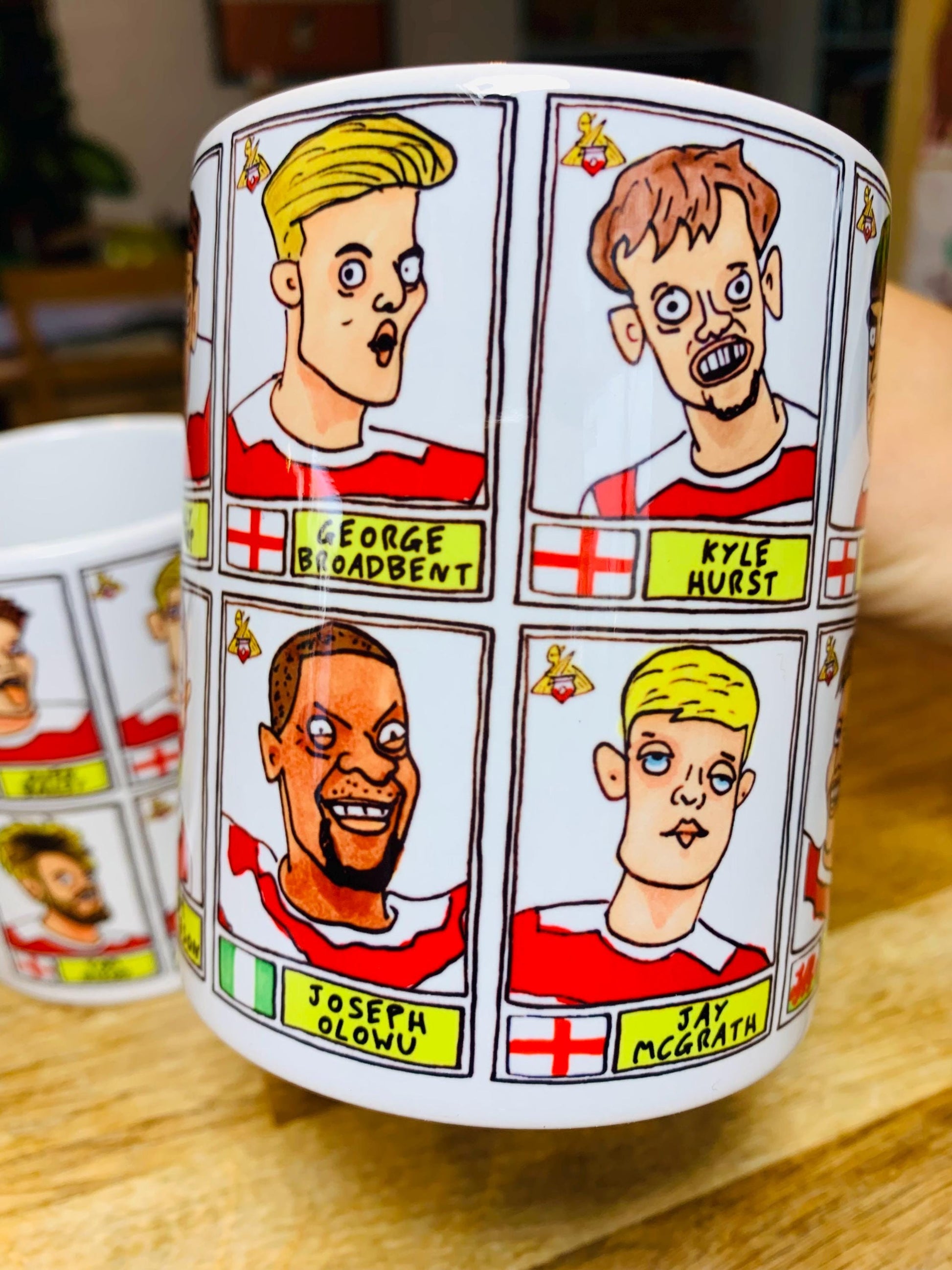 Doncaster Rovers No Score Draws Mug Set - Set of TWO DIFFERENT 11oz Ceramic Mugs with Wonky Panini-Doodles Of DRFC's 24/25 Promotion Squad