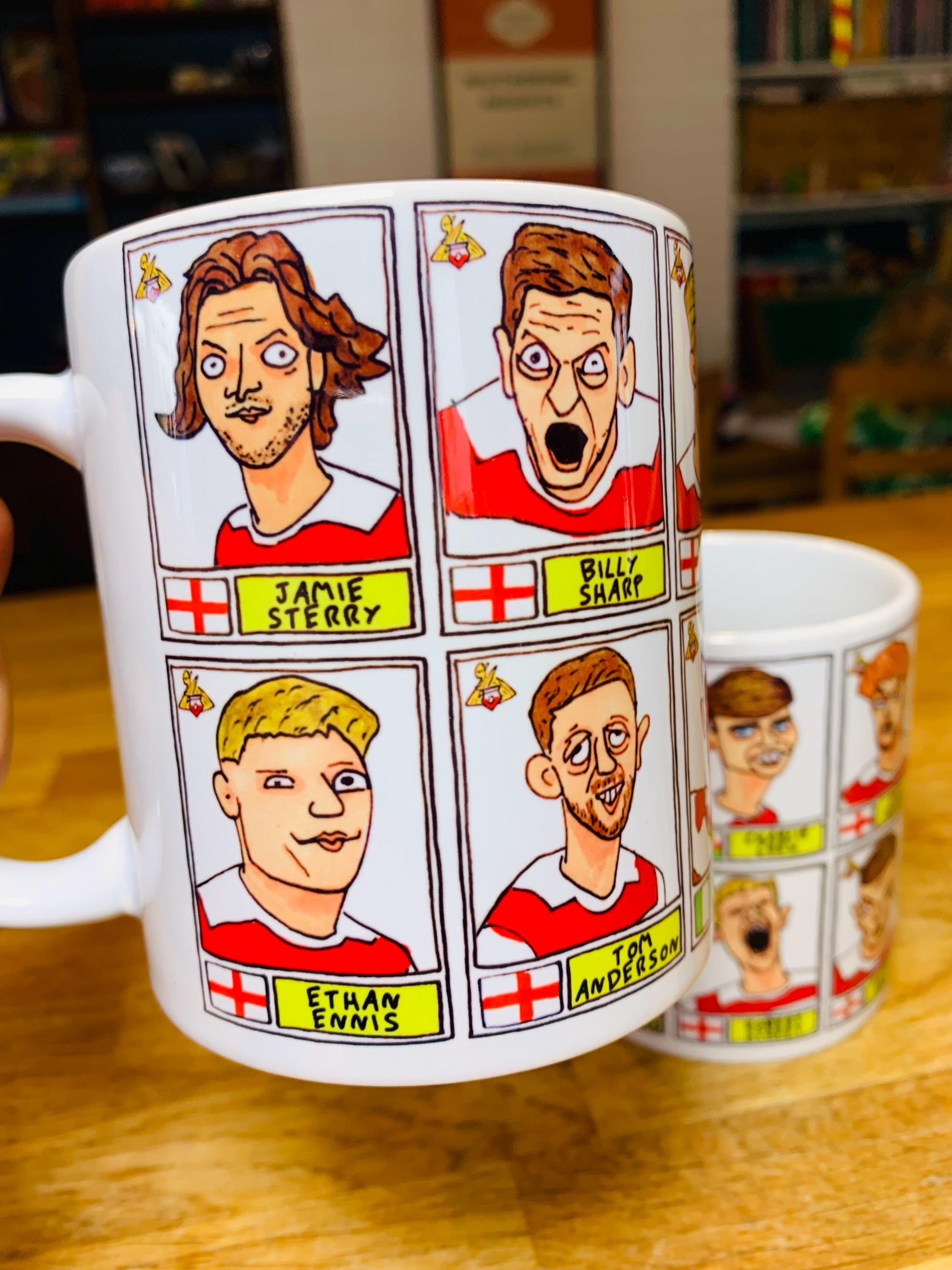 Doncaster Rovers No Score Draws Mug Set - Set of TWO DIFFERENT 11oz Ceramic Mugs with Wonky Panini-Doodles Of DRFC's 24/25 Promotion Squad