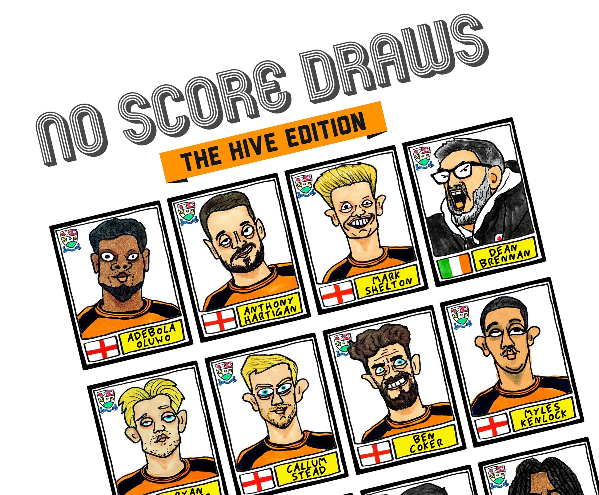 Barnet - No Score Draws The Hive Edition - A3 print of 24 Wonky Panini-style Doodles Of The Bees' 24/25 National League- Winning Squad