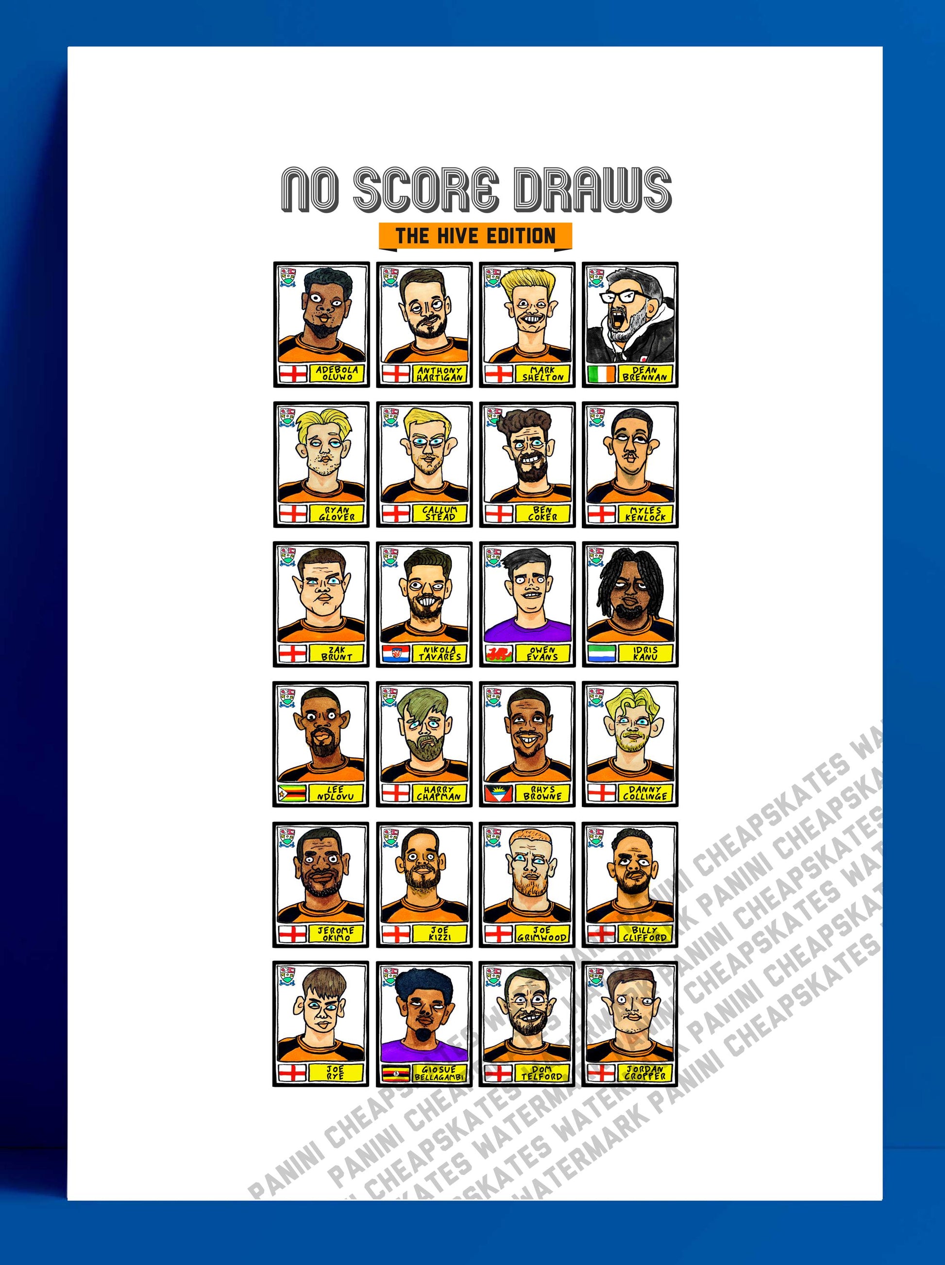 Barnet - No Score Draws The Hive Edition - A3 print of 24 Wonky Panini-style Doodles Of The Bees' 24/25 National League- Winning Squad