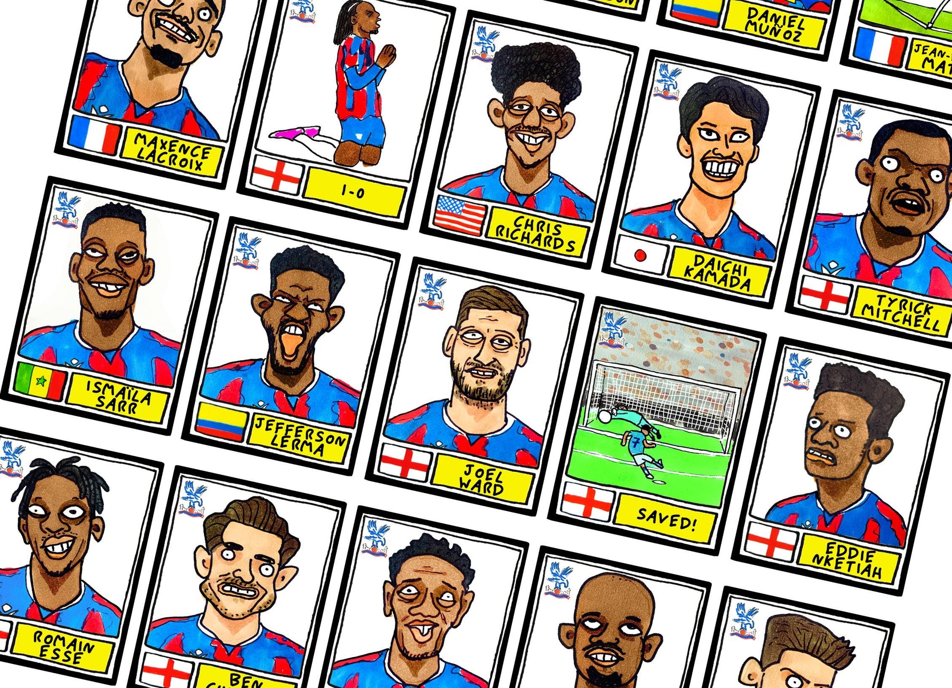 Crystal Palace Vol 2 - No Score Draws Eagles 24/25 Edition - A3 print of 24 Wonky Panini-style Doodles Of Oliver Glasner's 24/25 CPFC Squad