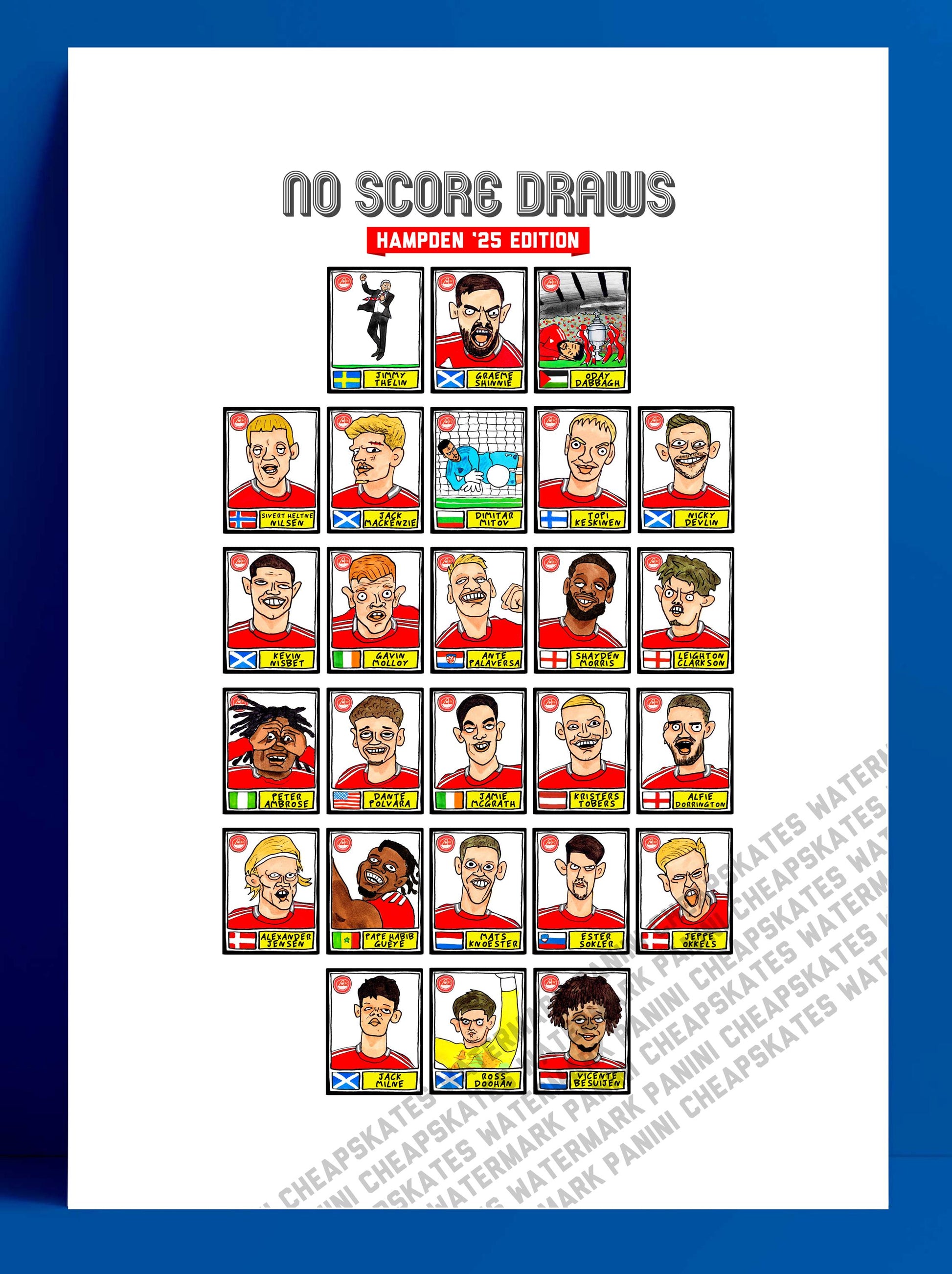 Aberdeen Vol 2 - No Score Draws Hampden '25 Edition - A3 print of 26 Wonky Panini-style doodles of Aberdeen 24-25 Scottish Cup Winners