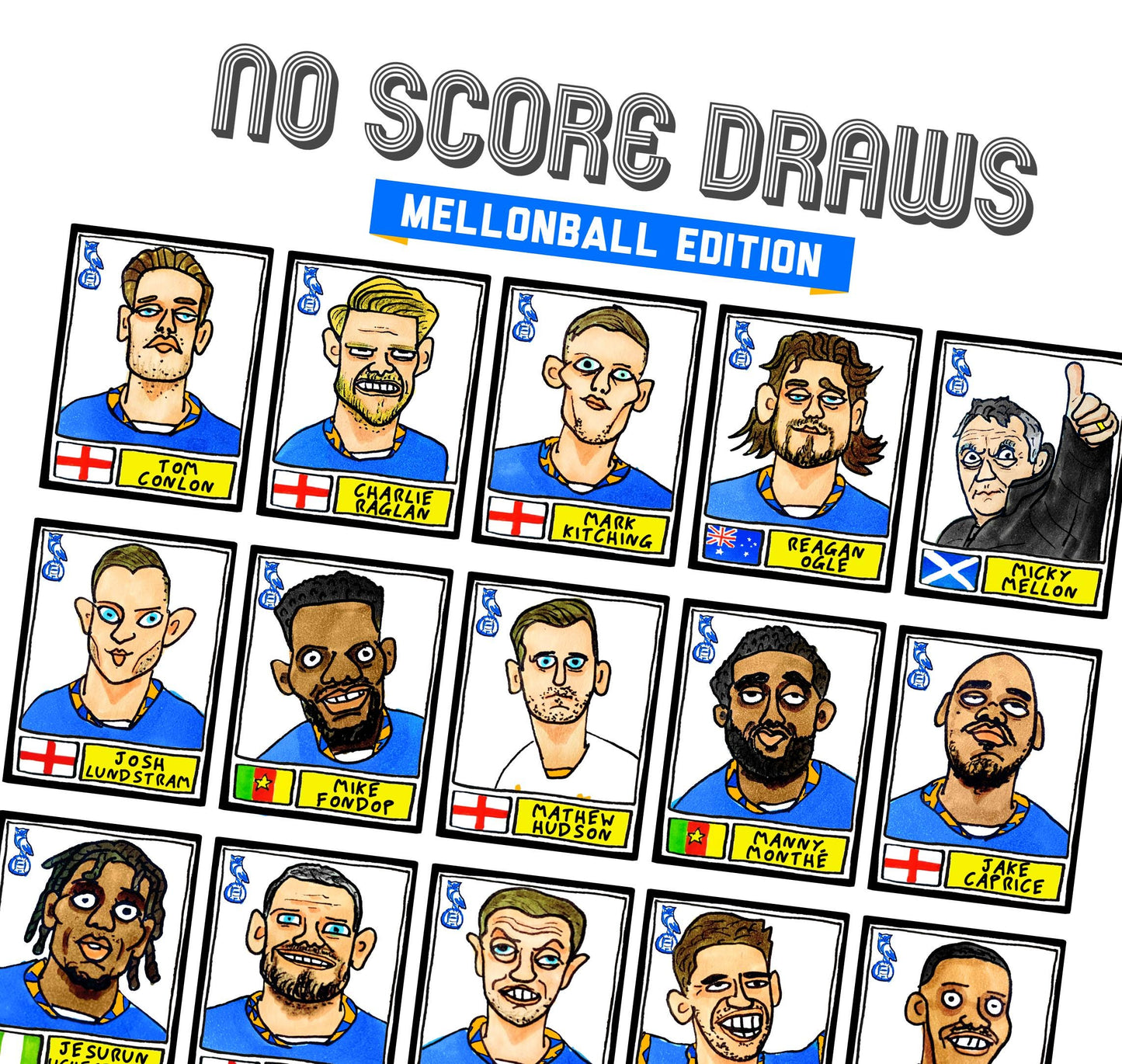 Oldham Athletic Vol 2 - No Score Draws Mellonball Edition - A3 print of 30 Wonky-Style Doodles Of OAFC's 24/25 Playoff Promotion Winners