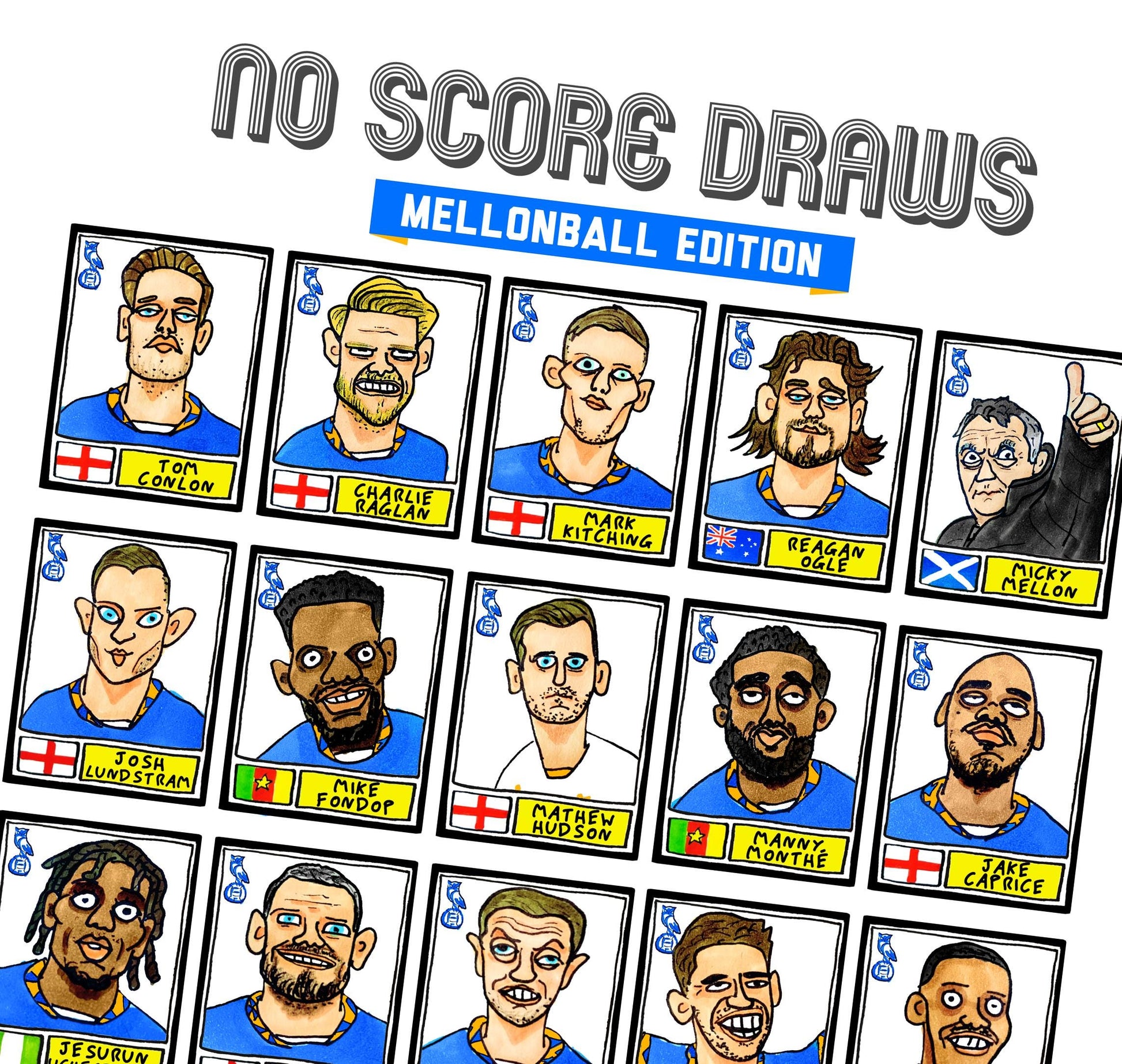 Oldham Athletic Vol 2 - No Score Draws Mellonball Edition - A3 print of 30 Wonky-Style Doodles Of OAFC's 24/25 Playoff Promotion Winners