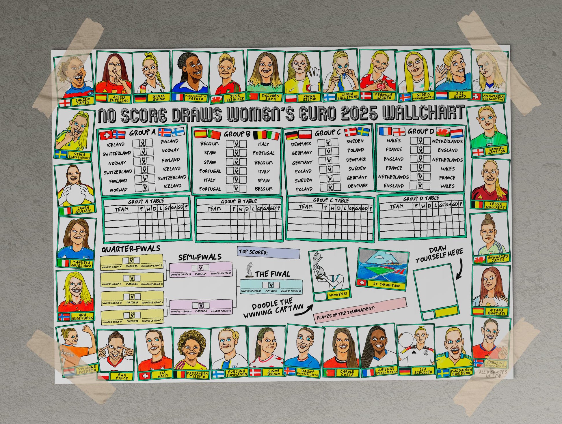 Euro 2024 Wallchart - A2 Poster No Score Draws Euro 2024 UEFA Euros Wall Chart -Featuring 32 Wonky Hand-Drawn Panini-style Euro2024 Doodles