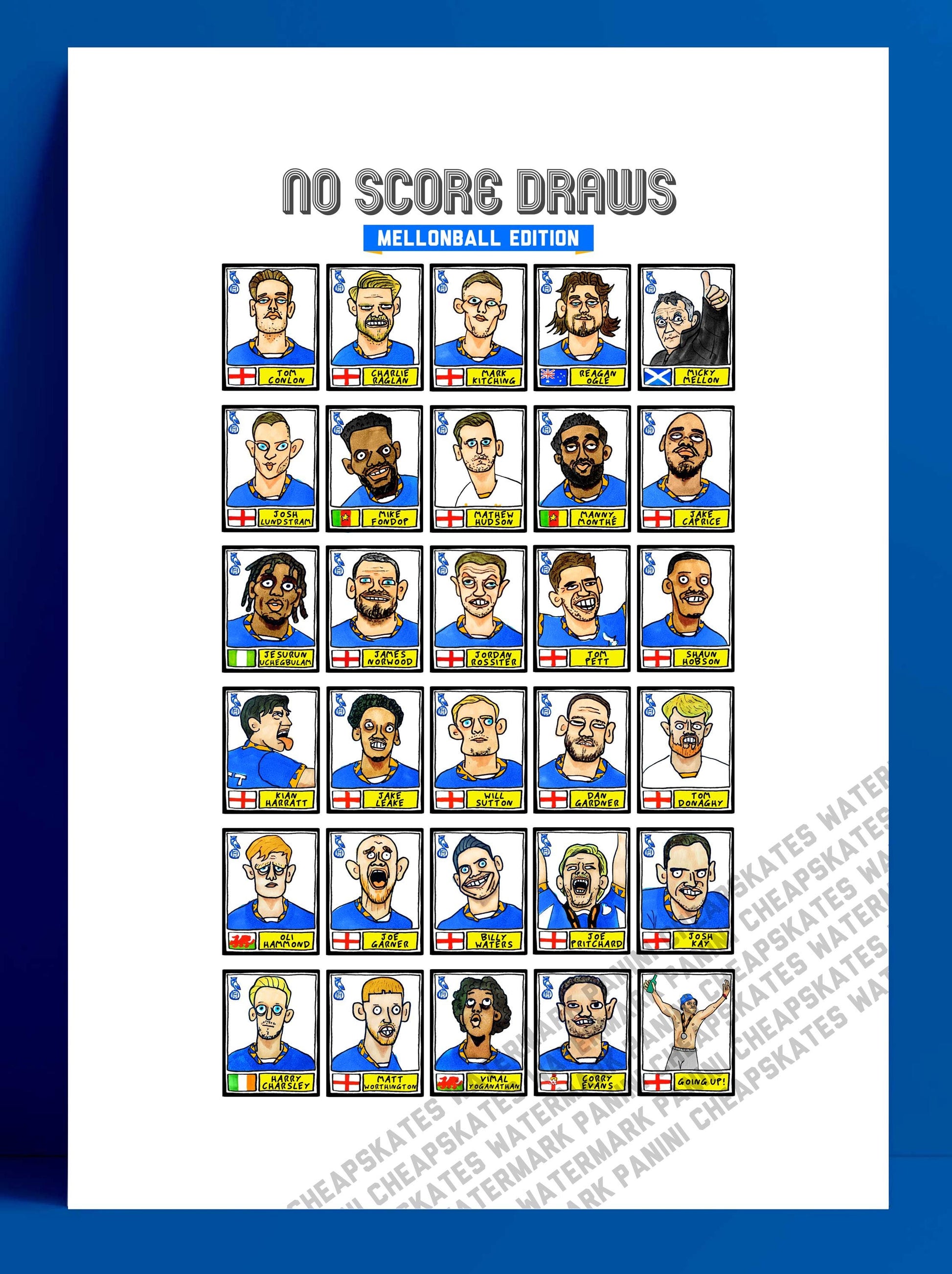 Oldham Athletic Vol 2 - No Score Draws Mellonball Edition - A3 print of 30 Wonky-Style Doodles Of OAFC's 24/25 Playoff Promotion Winners