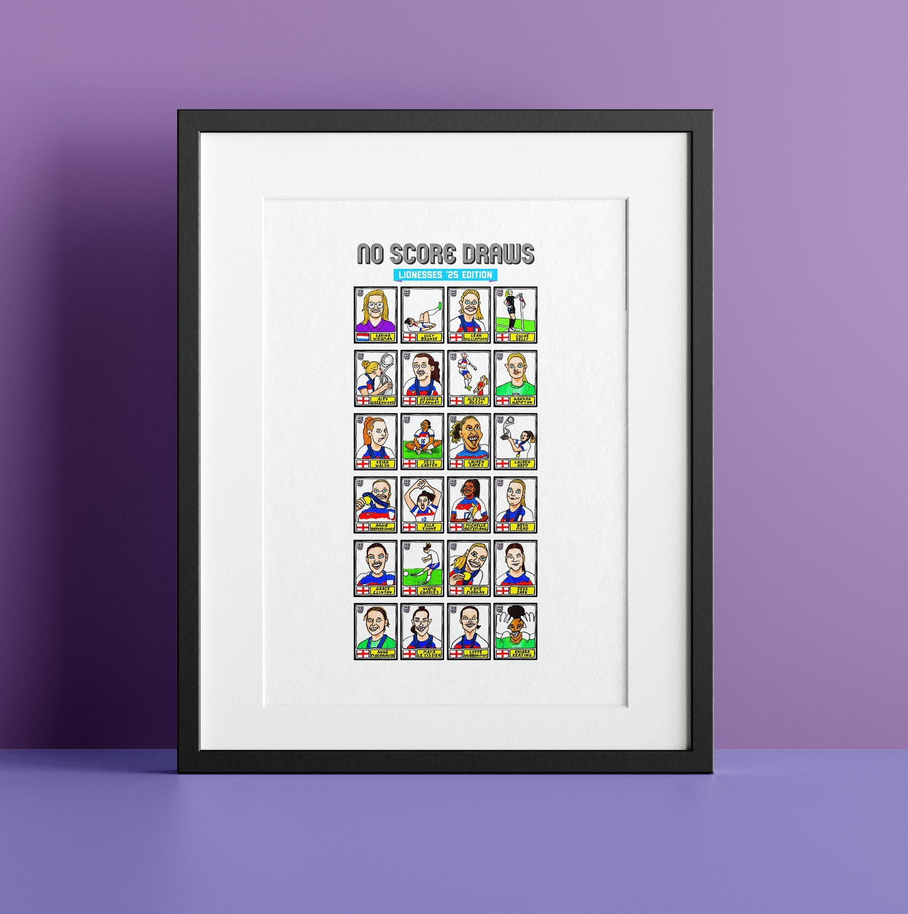 England Lionesses Vol 3 - No Score Draws Lionesses '25 Edition - A3 print of 24 wonky Panini-doodles of England Women's Euro 2025 WINNERS