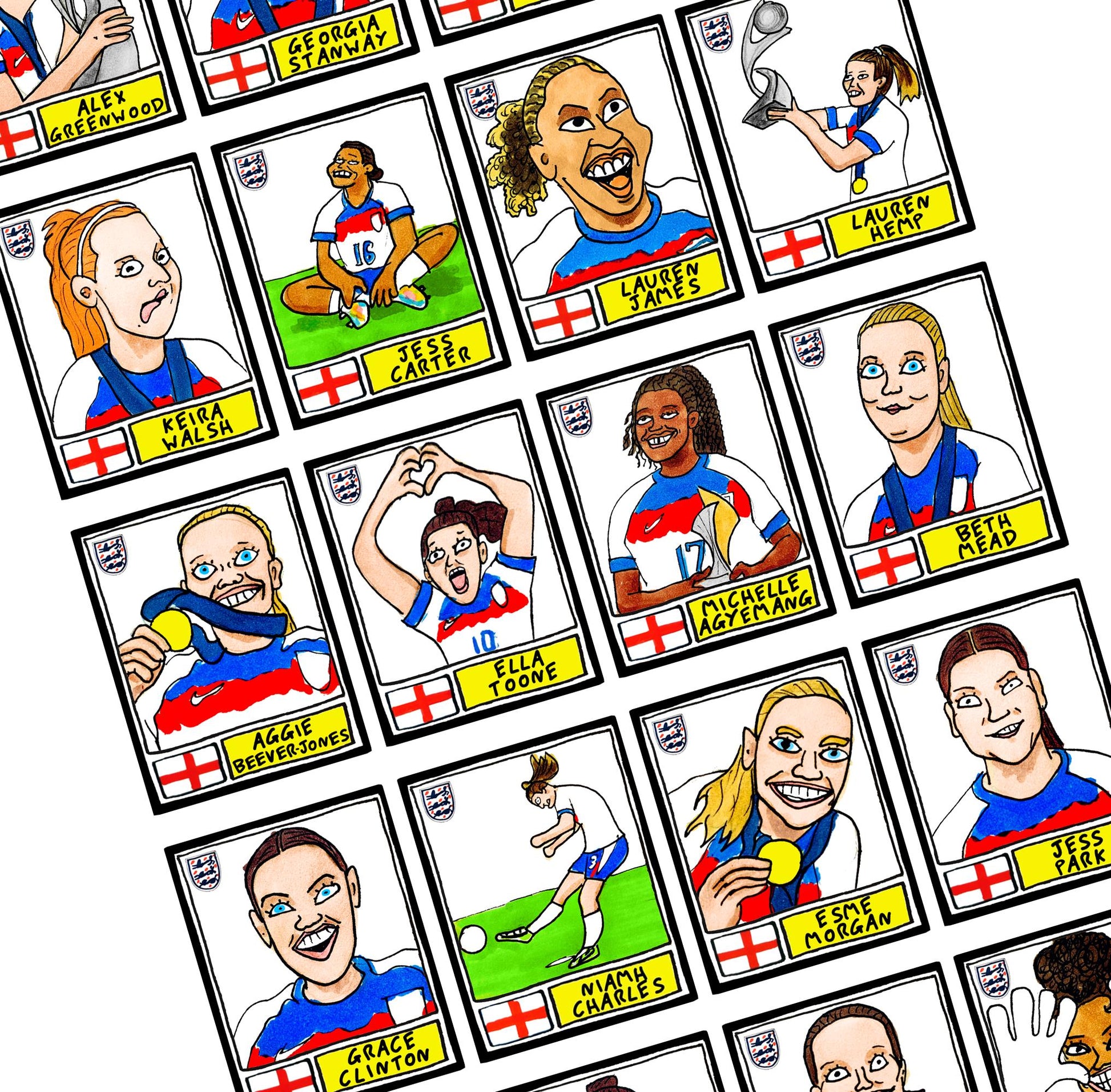 England Lionesses Vol 3 - No Score Draws Lionesses '25 Edition - A3 print of 24 wonky Panini-doodles of England Women's Euro 2025 WINNERS