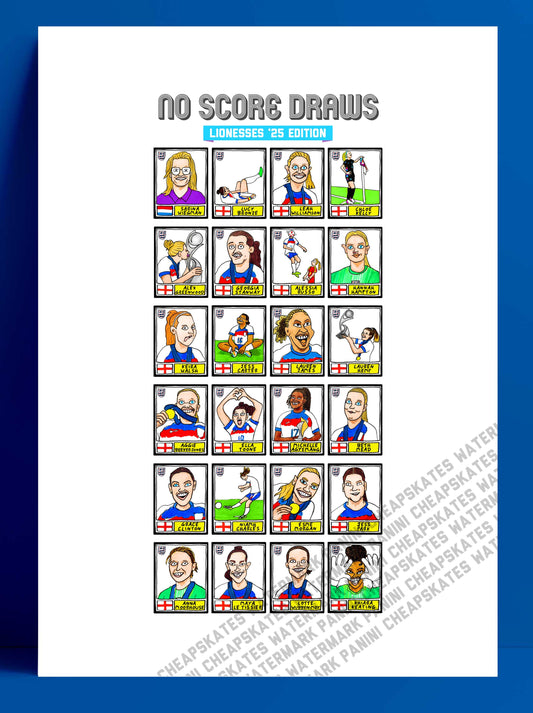 England Lionesses Vol 3 - No Score Draws Lionesses '25 Edition - A3 print of 24 wonky Panini-doodles of England Women's Euro 2025 WINNERS