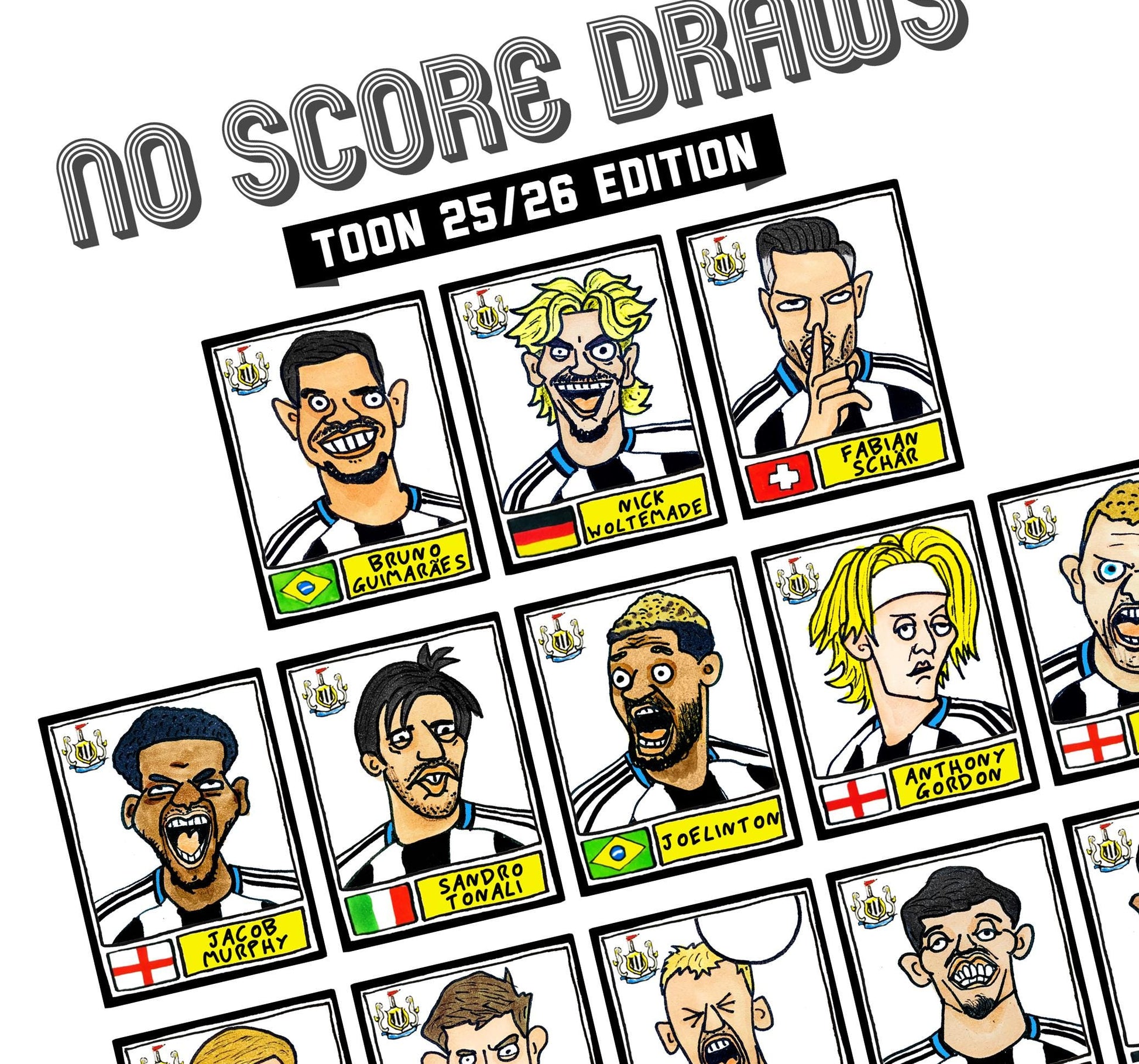 Newcastle United 25/26 - No Score Draws Toon Edition - A3 Print Of 26 Wonky No Score Draws Panini-style Doodles Of NUFC's 25/26 Magpies