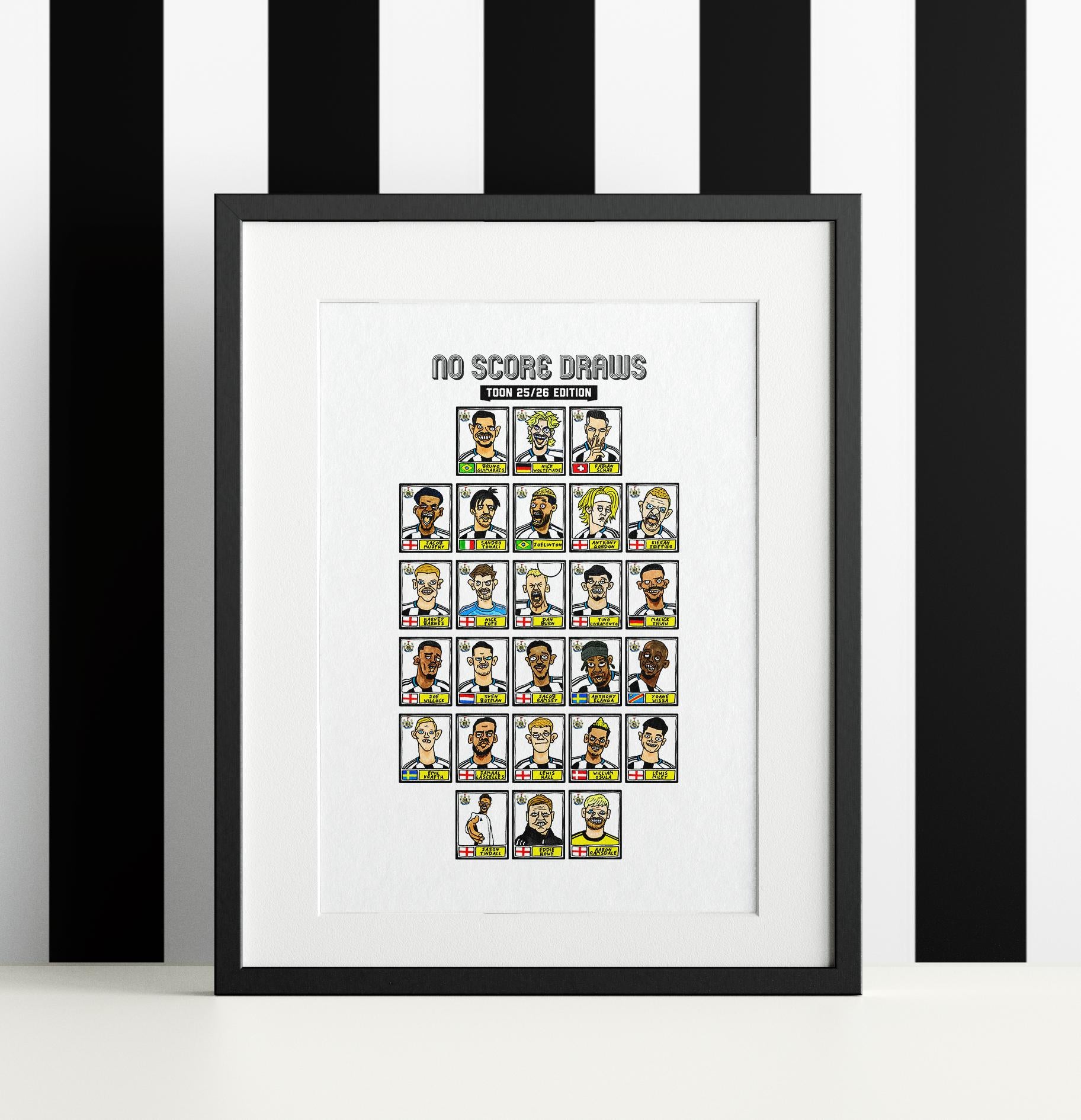 Newcastle United 25/26 - No Score Draws Toon Edition - A3 Print Of 26 Wonky No Score Draws Panini-style Doodles Of NUFC's 25/26 Magpies