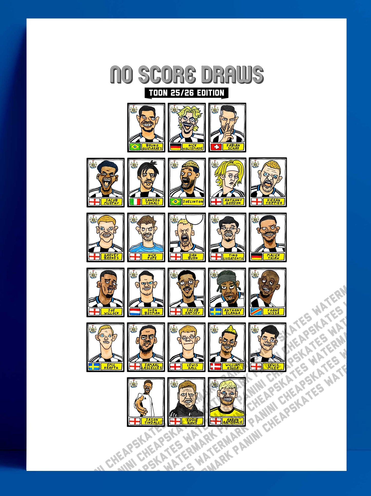 Newcastle United 25/26 - No Score Draws Toon Edition - A3 Print Of 26 Wonky No Score Draws Panini-style Doodles Of NUFC's 25/26 Magpies