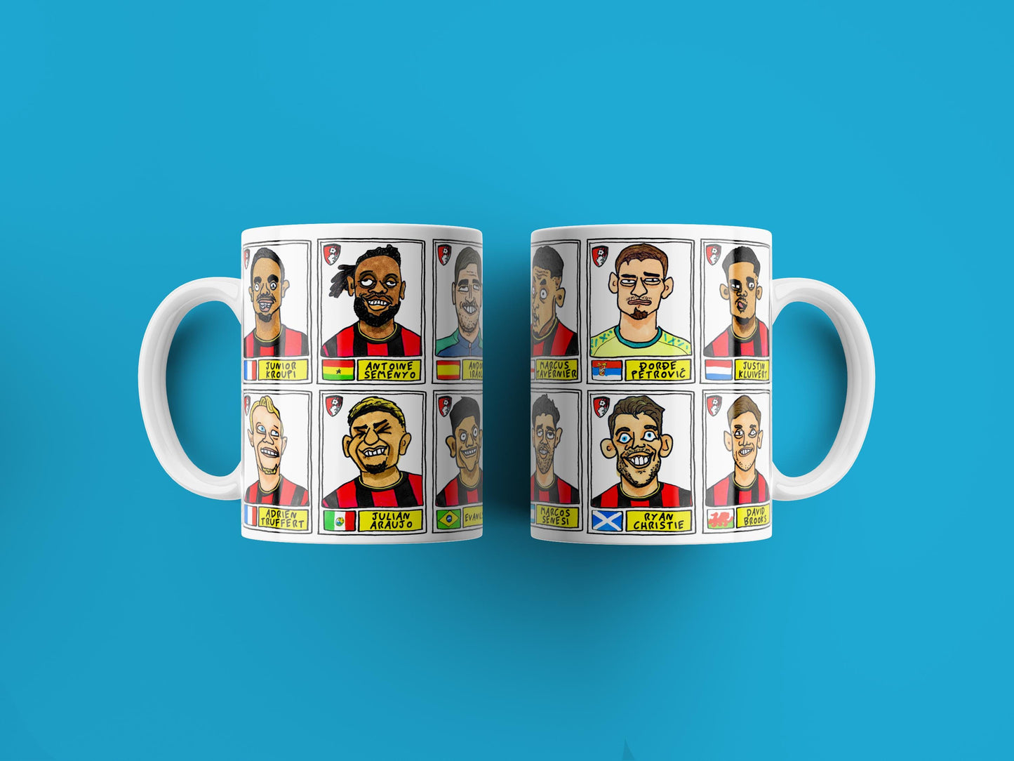Bournemouth Volume 2 - Cherries 24-25 No Score Draws Mug Set - Set of TWO DIFFERENT 11oz Ceramic Mugs with Wonky Panini-style AFCB Doodles