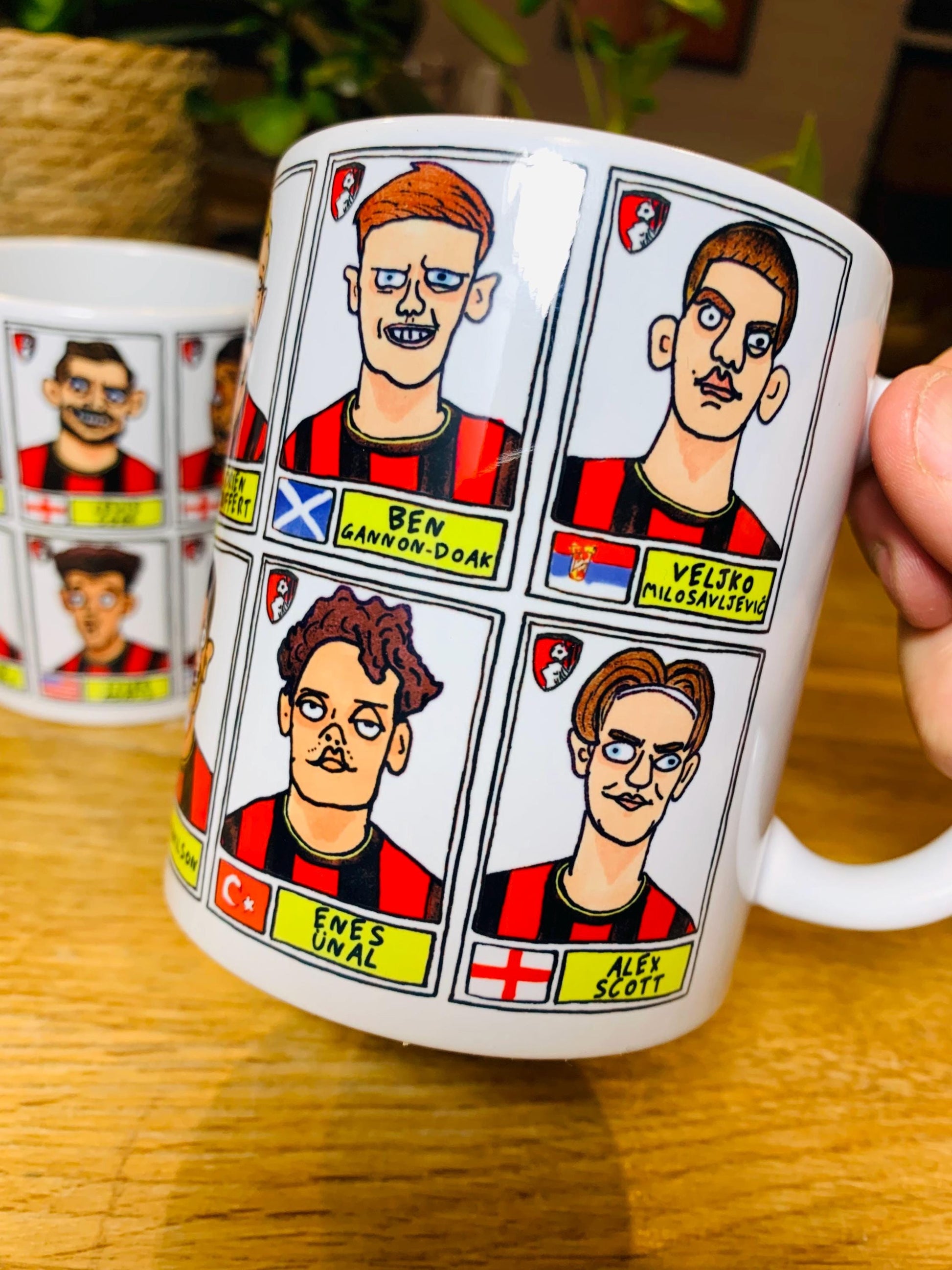 Bournemouth Volume 2 - Cherries 24-25 No Score Draws Mug Set - Set of TWO DIFFERENT 11oz Ceramic Mugs with Wonky Panini-style AFCB Doodles