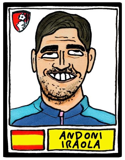 Bournemouth Volume 2 - No Score Draws Cherries 24-25 Edition - A3 print of 24 Wonky Panini-style football doodles of Iraola's AFCB Side