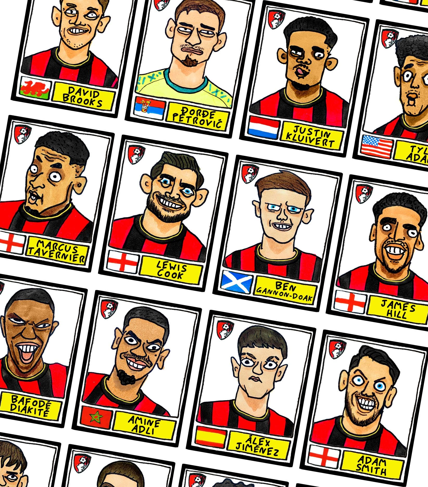 Bournemouth Volume 2 - No Score Draws Cherries 24-25 Edition - A3 print of 24 Wonky Panini-style football doodles of Iraola's AFCB Side