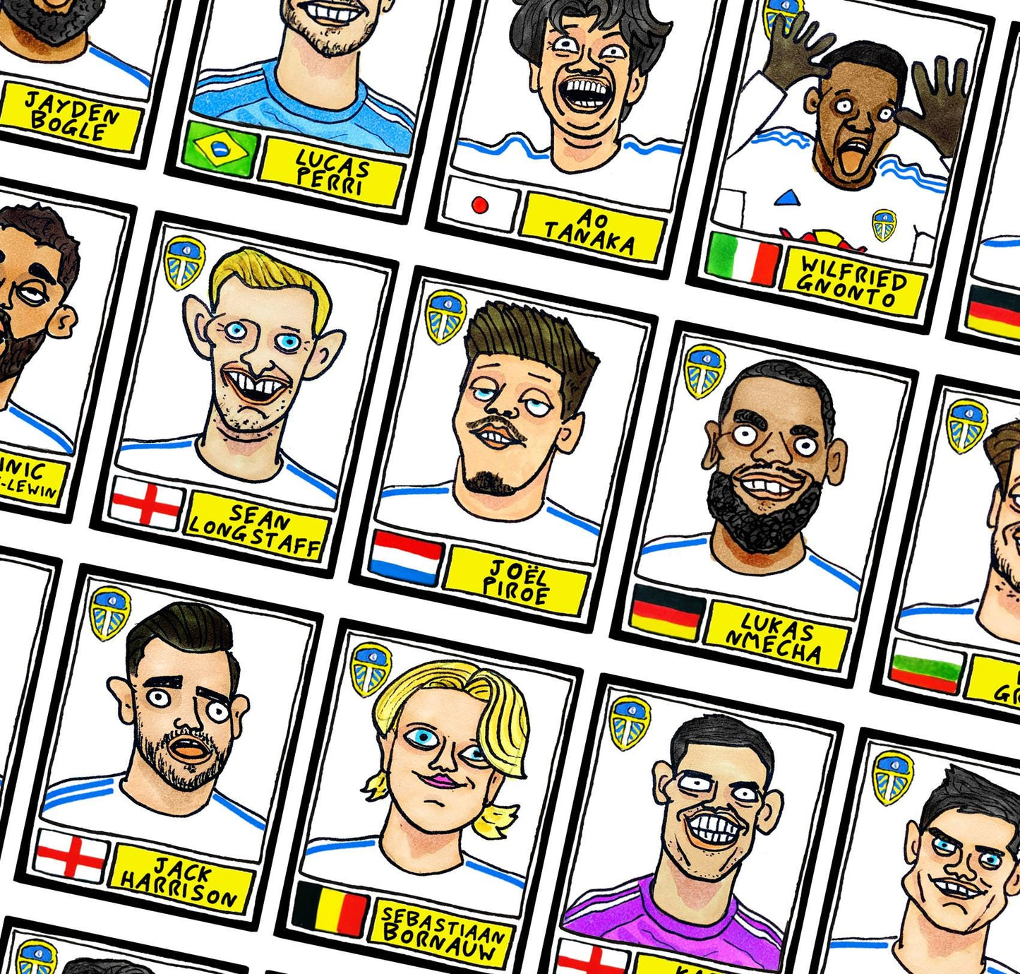 Leeds Utd 25/26 - No Score Draws Farkeball 25/26 Edition - A3 print of 26 Wonky Hand-Drawn Panini-doodles Of Daniel Farke's LUFC PL Squad