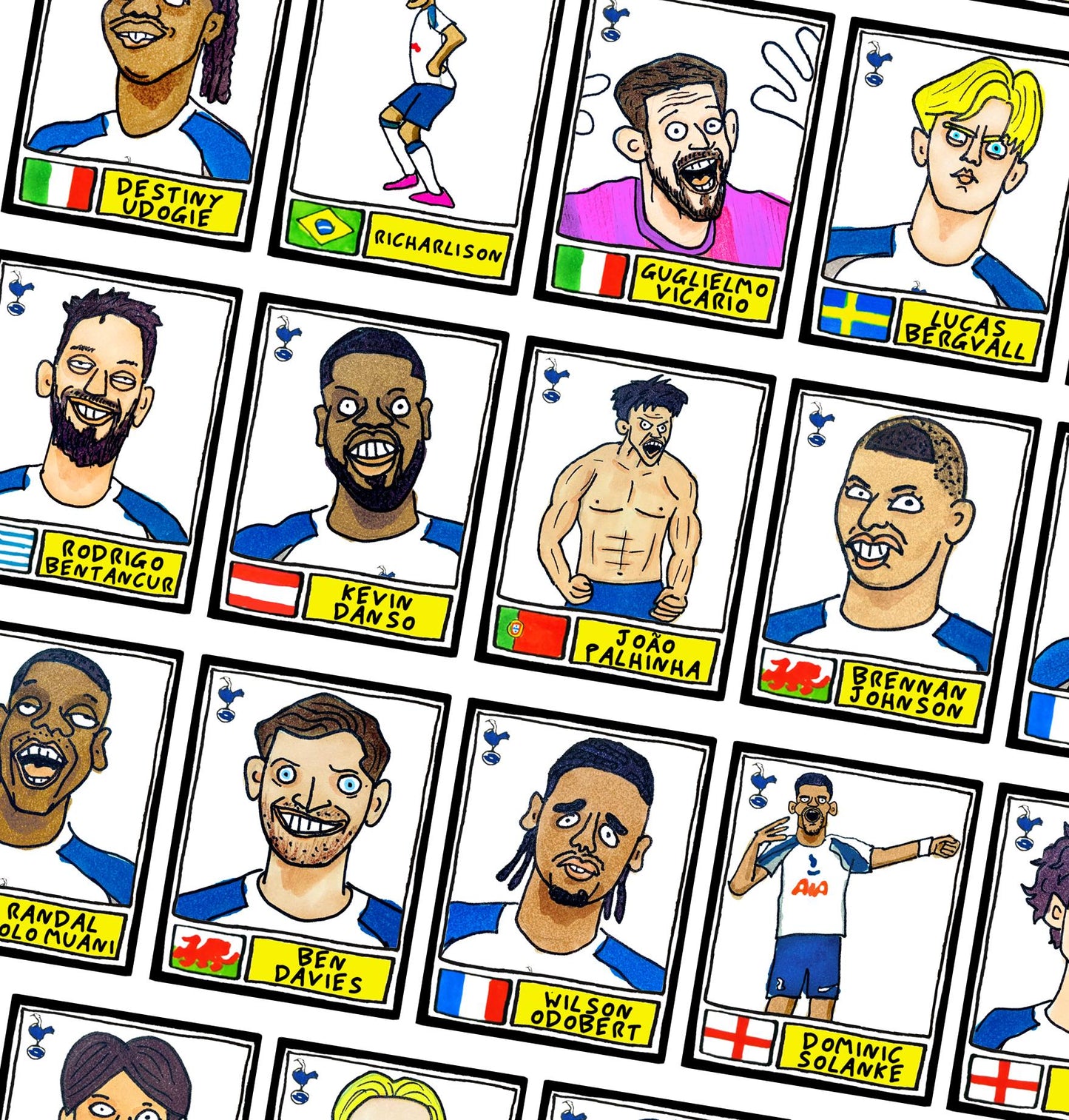 Spurs 25/26 - No Score Draws COYS 25/26 Edition - A3 print of 28 Wonky Panini-style Football Doodles of Tottenham Hotspur's 25/26 Squad