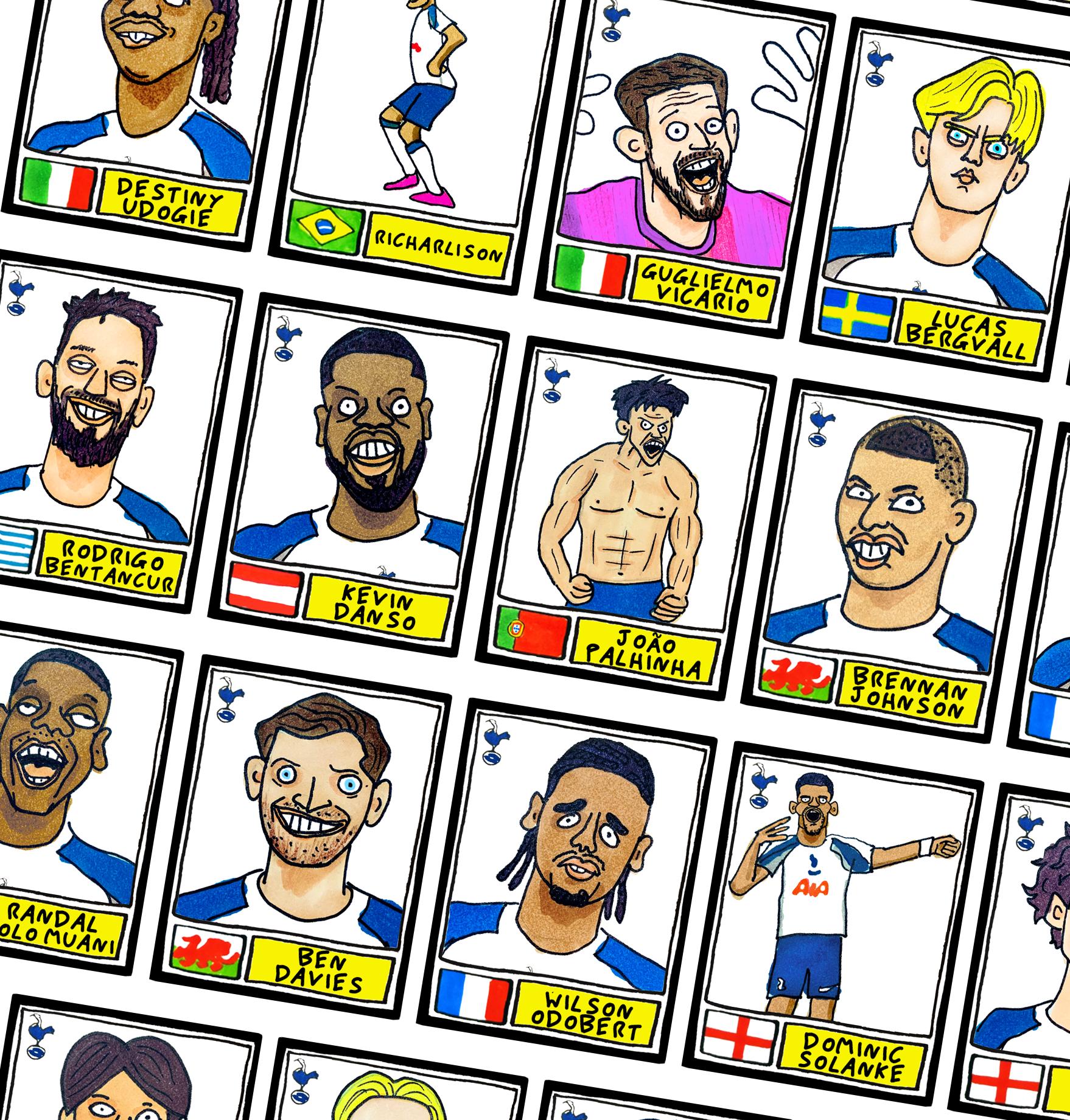 Spurs 25/26 - No Score Draws COYS 25/26 Edition - A3 print of 28 Wonky Panini-style Football Doodles of Tottenham Hotspur's 25/26 Squad