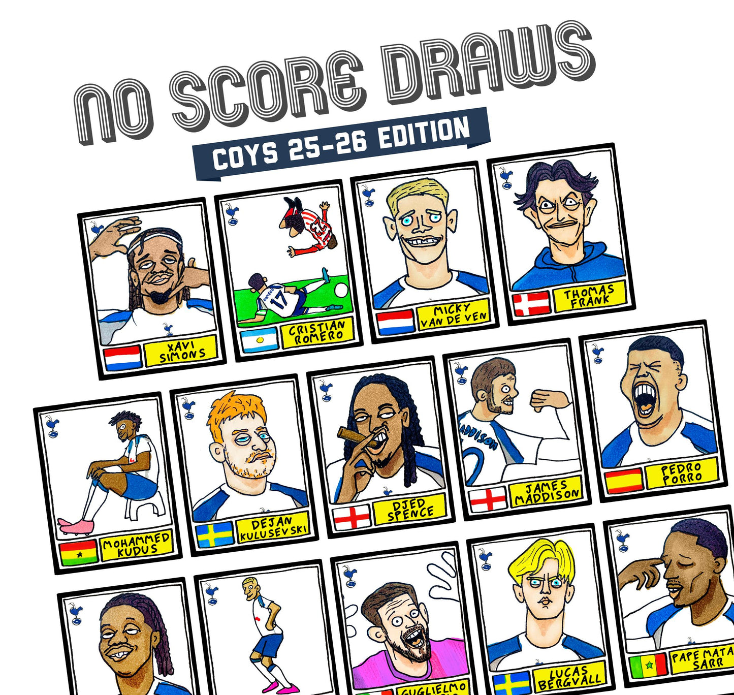 Spurs 25/26 - No Score Draws COYS 25/26 Edition - A3 print of 28 Wonky Panini-style Football Doodles of Tottenham Hotspur's 25/26 Squad