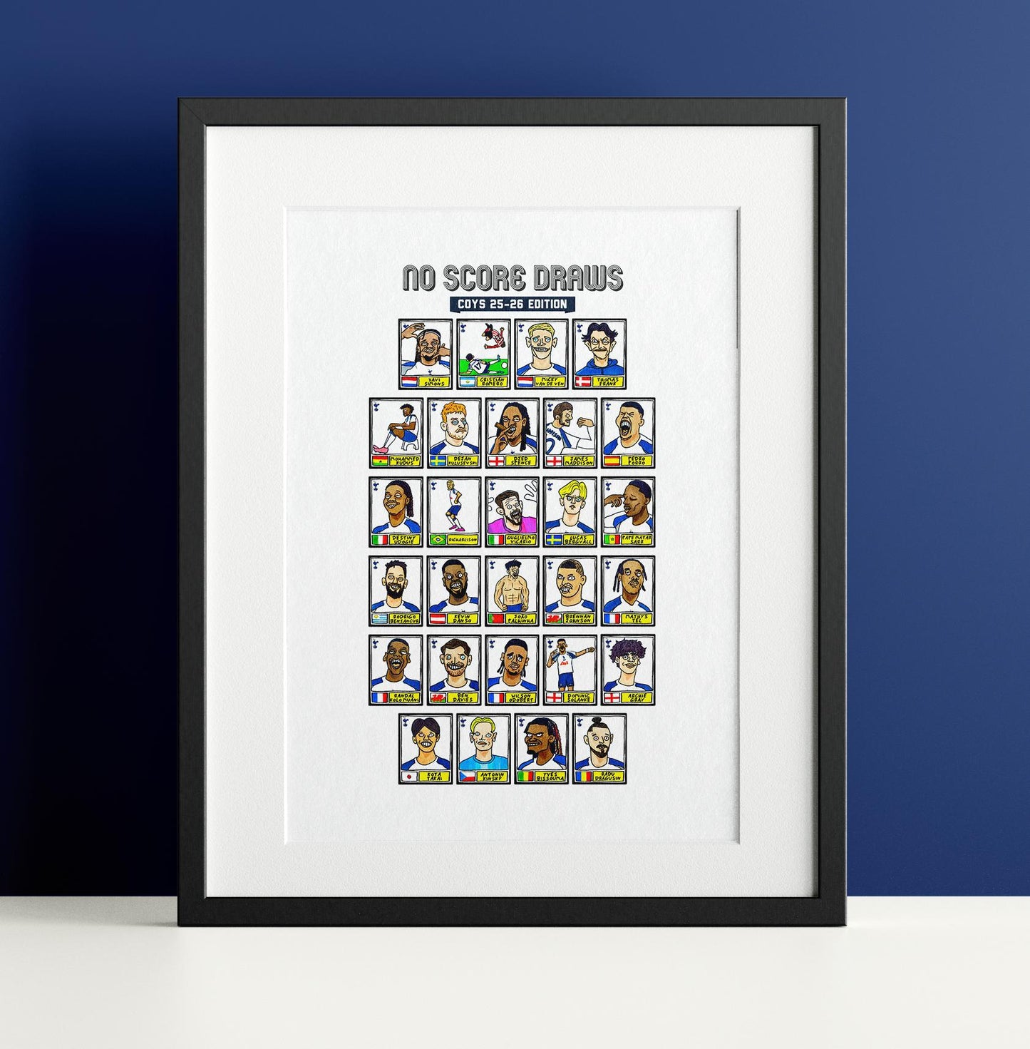 Spurs 25/26 - No Score Draws COYS 25/26 Edition - A3 print of 28 Wonky Panini-style Football Doodles of Tottenham Hotspur's 25/26 Squad