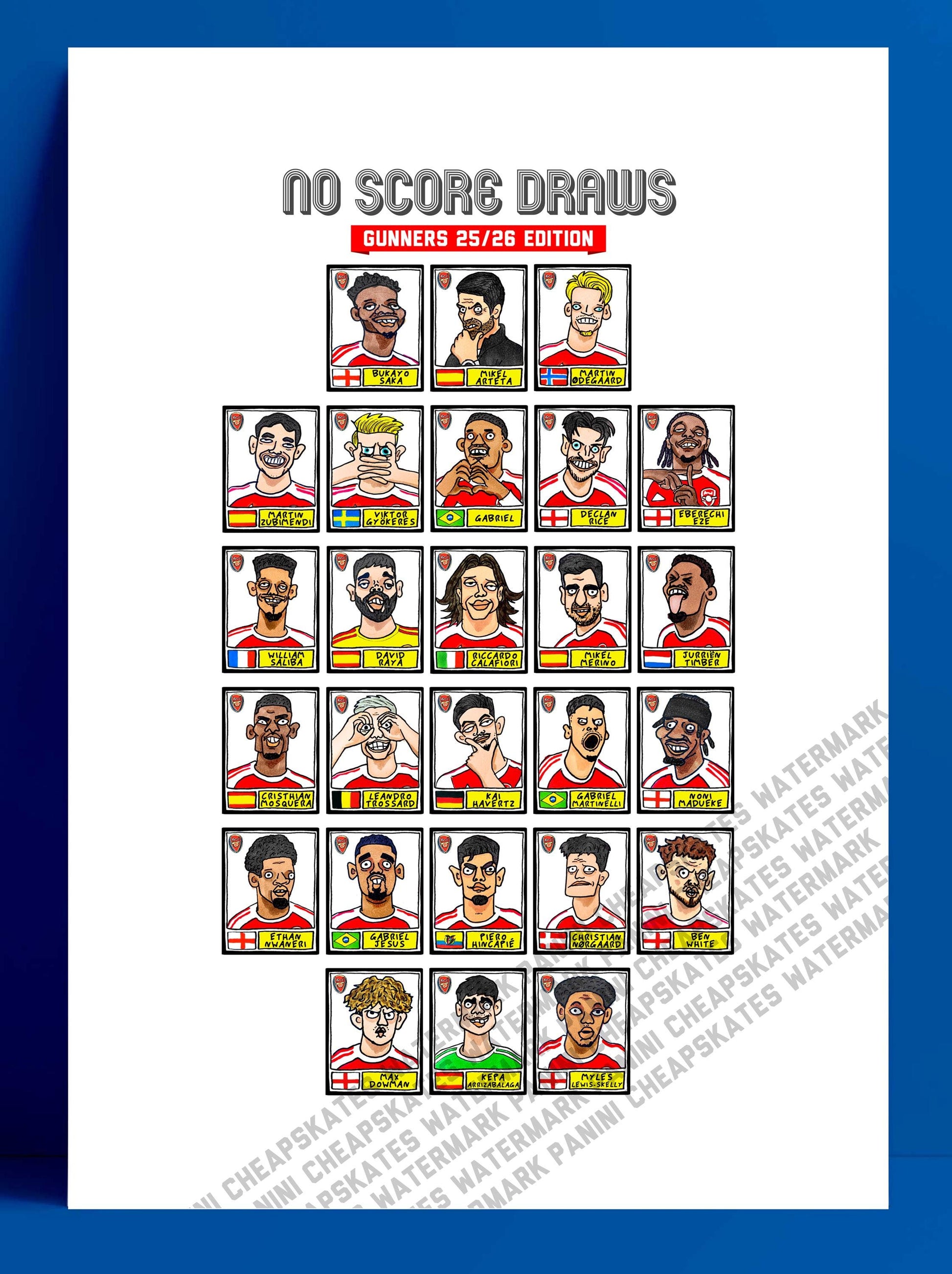Arsenal Vol 5 - No Score Draws Gunners 25/26 Edition - A3 print of 26 hand-drawn Panini-style wonky doodles of Arteta's Arsenal 25/26 Team