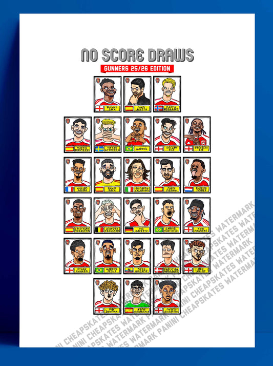 Arsenal Vol 5 - No Score Draws Gunners 25/26 Edition - A3 print of 26 hand-drawn Panini-style wonky doodles of Arteta's Arsenal 25/26 Team