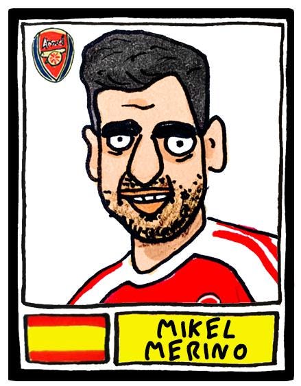 Arsenal Vol 5 - No Score Draws Gunners 25/26 Edition - A3 print of 26 hand-drawn Panini-style wonky doodles of Arteta's Arsenal 25/26 Team