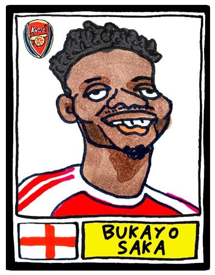 Arsenal Vol 5 - No Score Draws Gunners 25/26 Edition - A3 print of 26 hand-drawn Panini-style wonky doodles of Arteta's Arsenal 25/26 Team