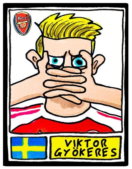 Arsenal Vol 5 - No Score Draws Gunners 25/26 Edition - A3 print of 26 hand-drawn Panini-style wonky doodles of Arteta's Arsenal 25/26 Team