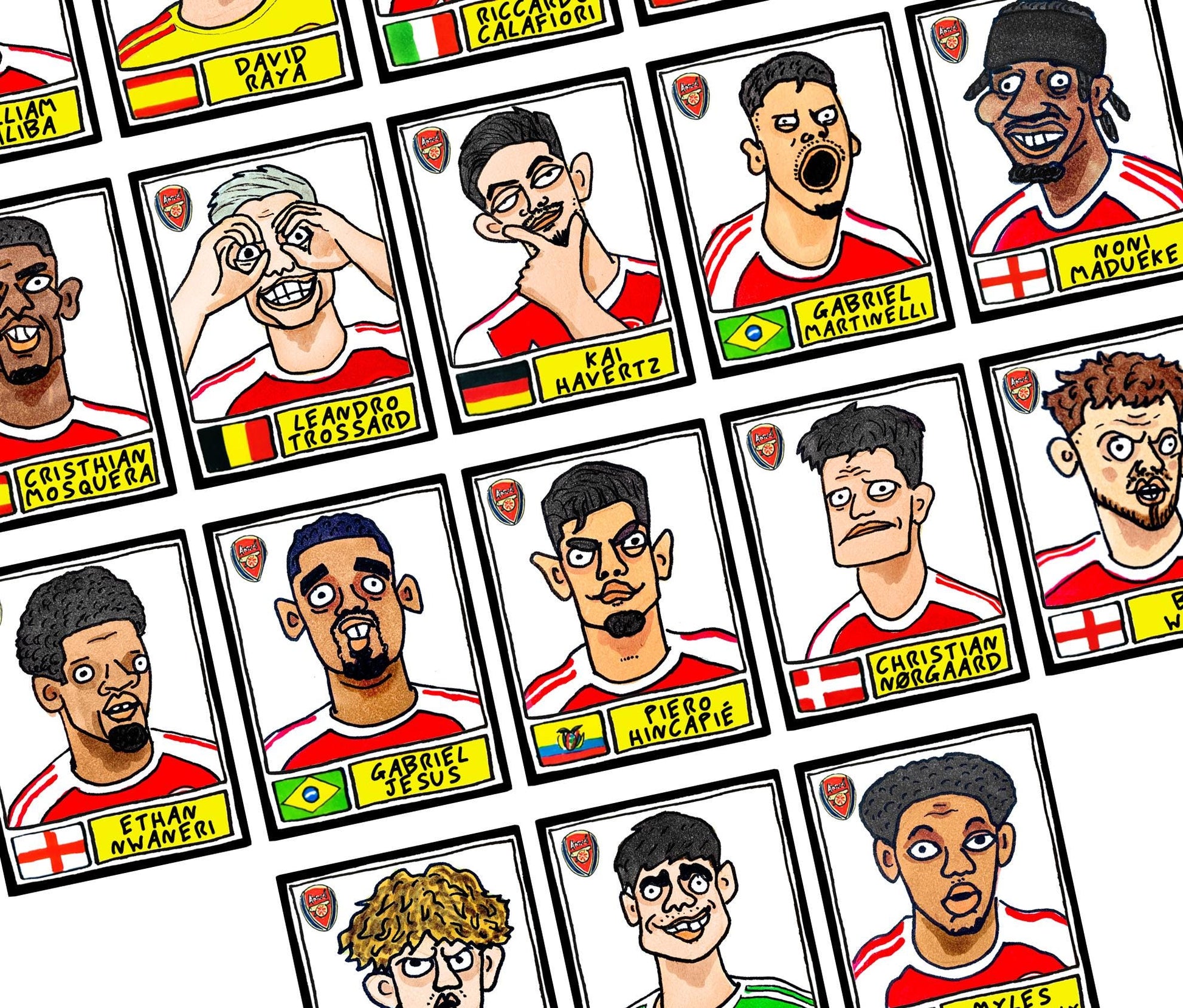 Arsenal Vol 5 - No Score Draws Gunners 25/26 Edition - A3 print of 26 hand-drawn Panini-style wonky doodles of Arteta's Arsenal 25/26 Team