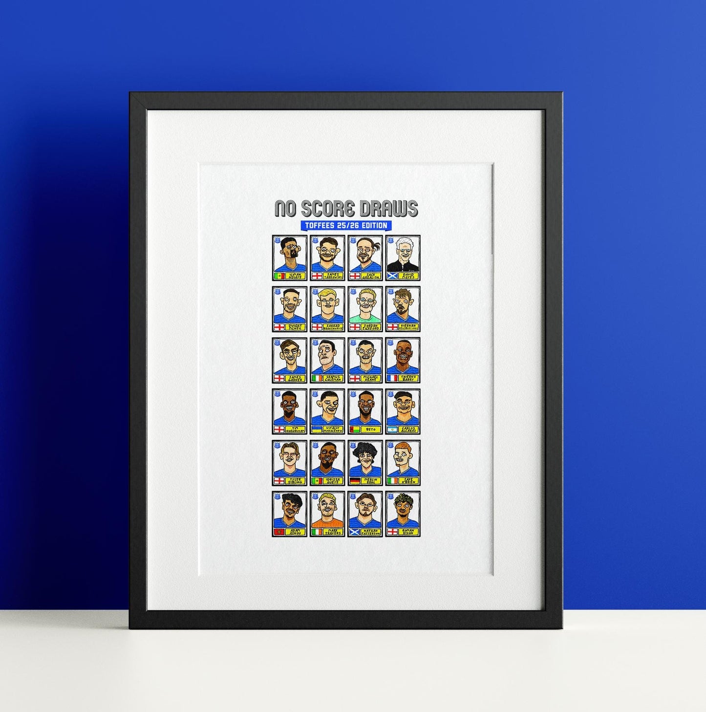 Everton Vol 2 - No Score Draws Toffees 24/25 Edition - A3 print of 26 Wonky Panini-Style No Score Draws Doodles Of David Moyes's EFC Squad