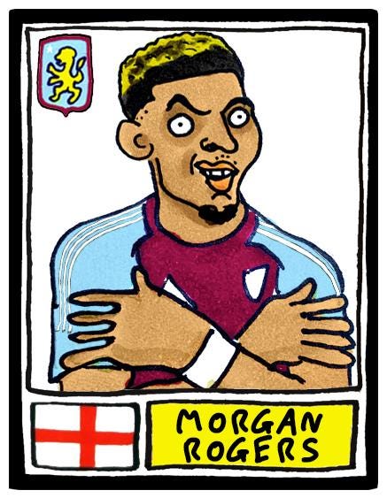 Aston Villa 25/26 - No Score Draws Emery 25/26Edition - A3 print of 24 Wonky Panini-style football doodles of Unai Emery's 25/26 AVFC Side