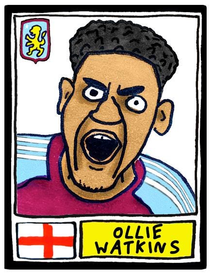 Aston Villa 25/26 - No Score Draws Emery 25/26Edition - A3 print of 24 Wonky Panini-style football doodles of Unai Emery's 25/26 AVFC Side