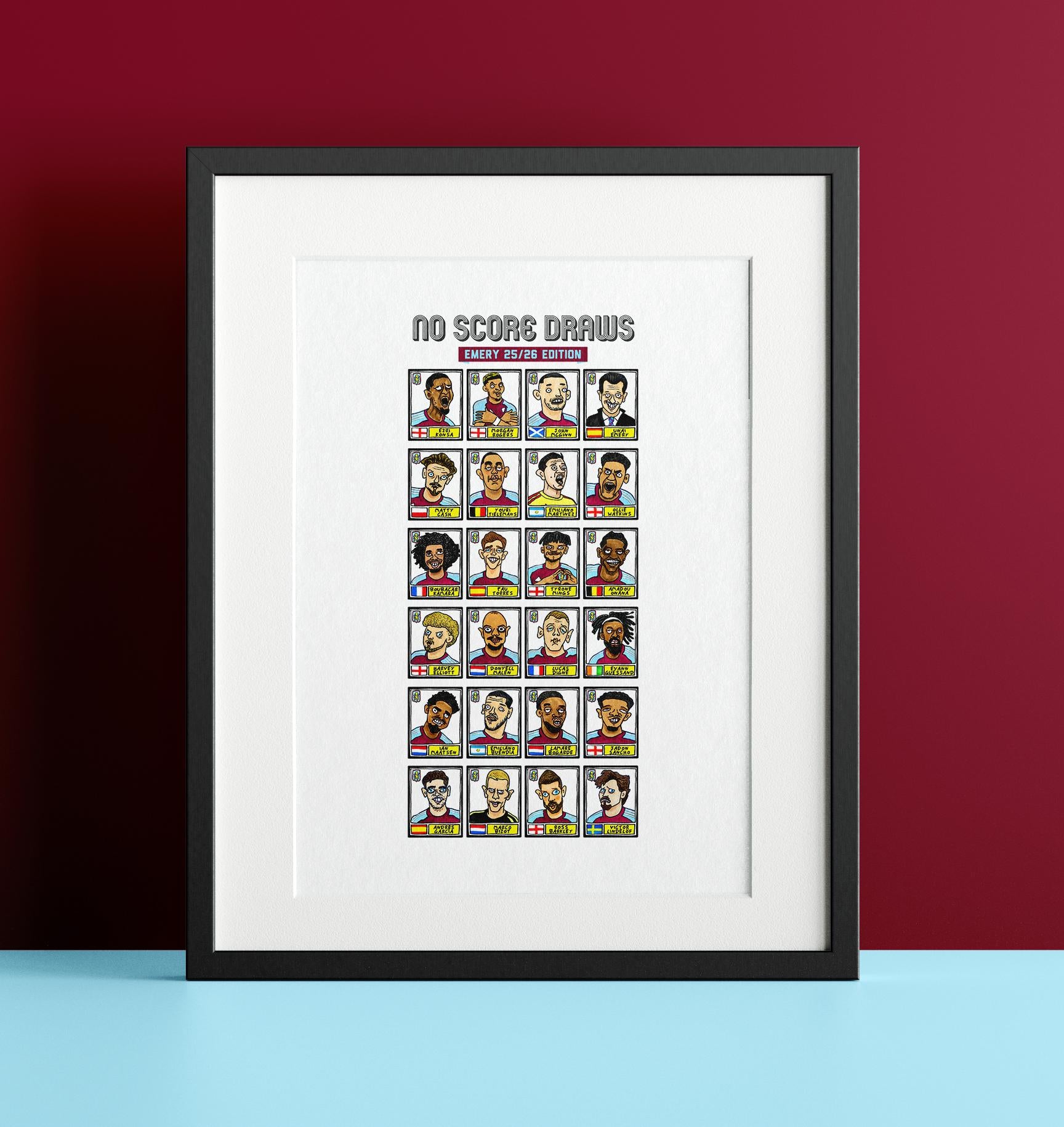 Aston Villa 25/26 - No Score Draws Emery 25/26Edition - A3 print of 24 Wonky Panini-style football doodles of Unai Emery's 25/26 AVFC Side
