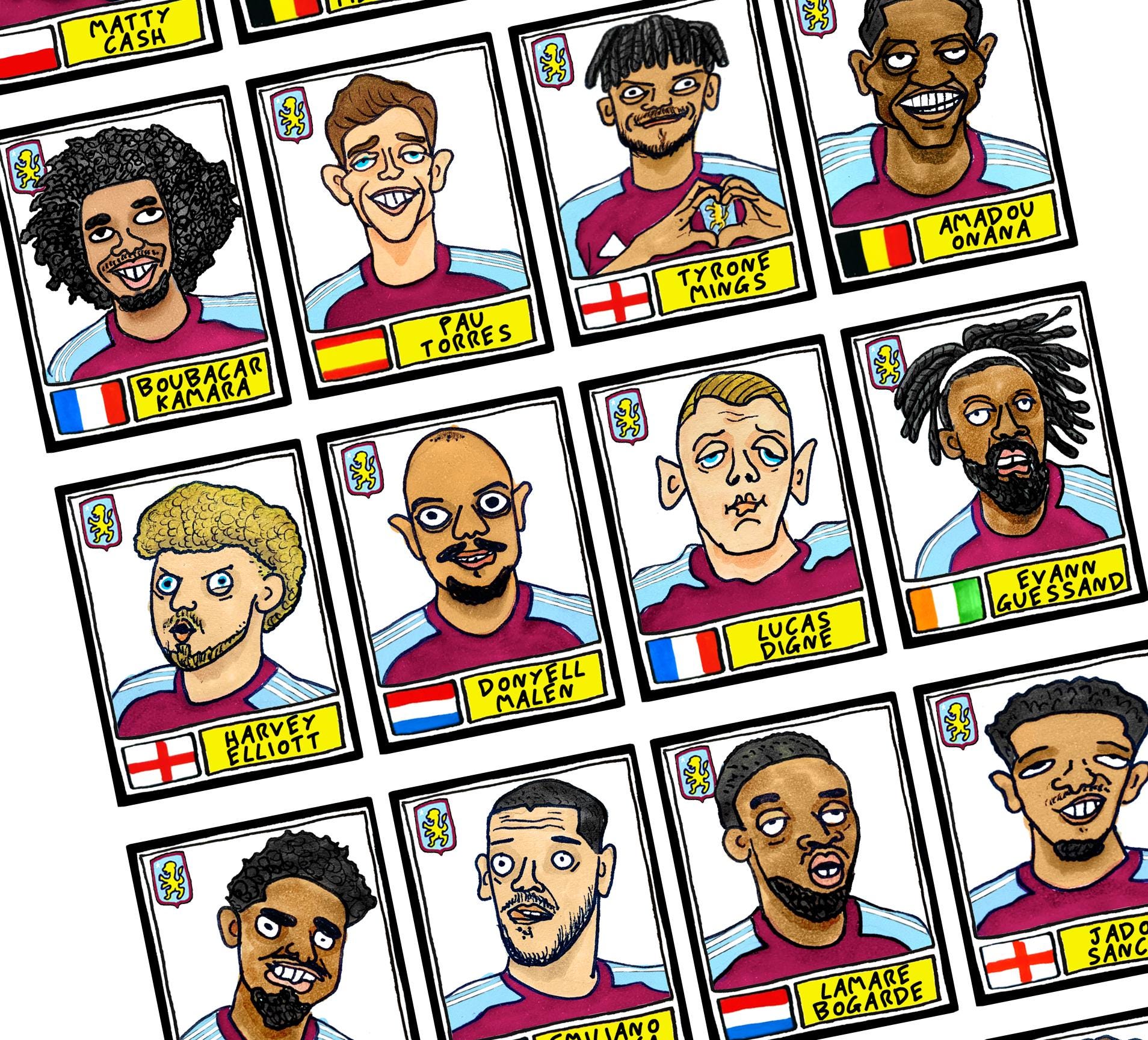 Aston Villa 25/26 - No Score Draws Emery 25/26Edition - A3 print of 24 Wonky Panini-style football doodles of Unai Emery's 25/26 AVFC Side