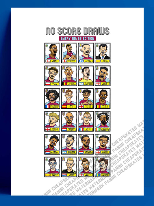Aston Villa 25/26 - No Score Draws Emery 25/26Edition - A3 print of 24 Wonky Panini-style football doodles of Unai Emery's 25/26 AVFC Side