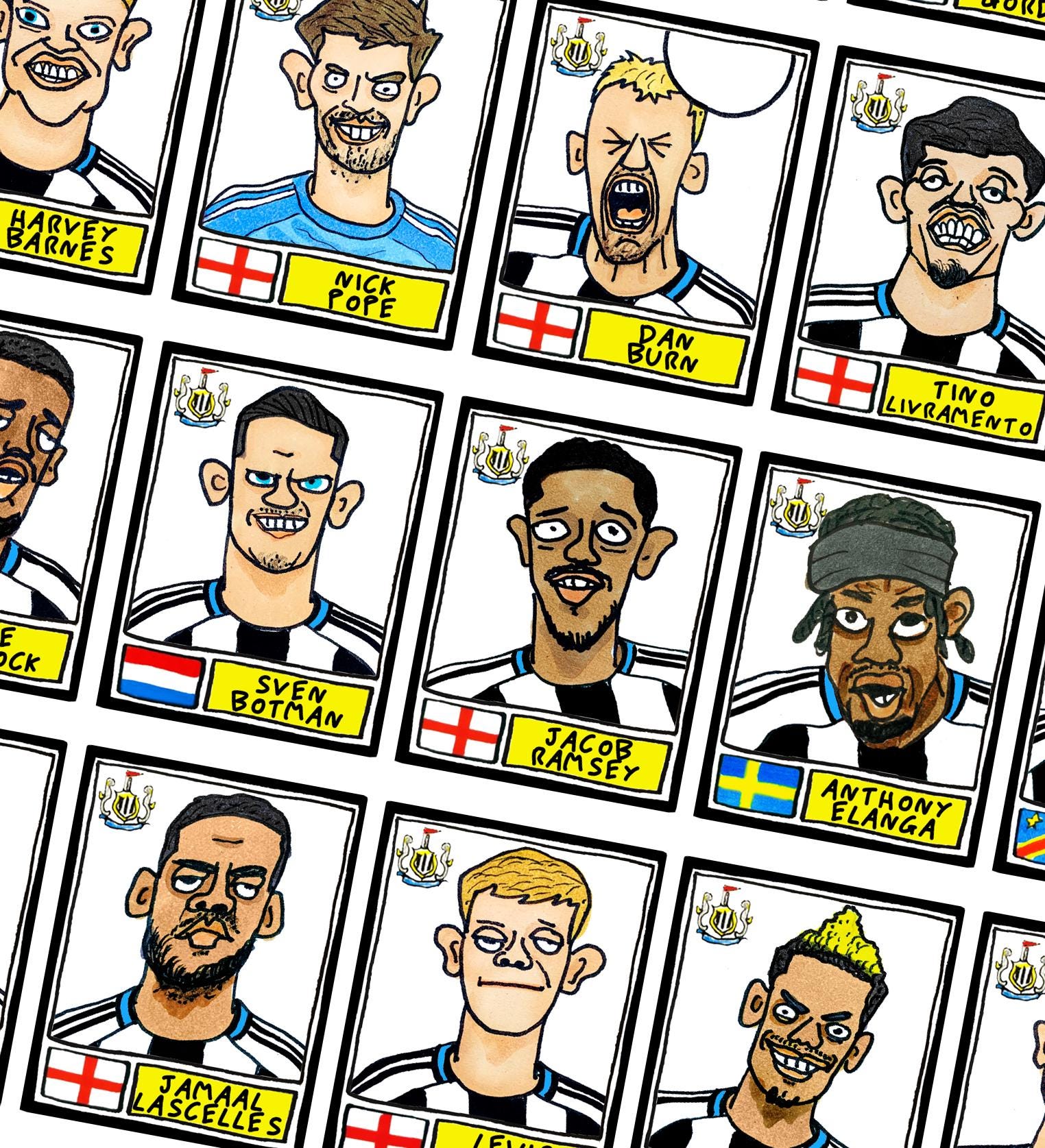 Newcastle United 25/26 - No Score Draws Toon Edition - A3 Print Of 26 Wonky No Score Draws Panini-style Doodles Of NUFC's 25/26 Magpies