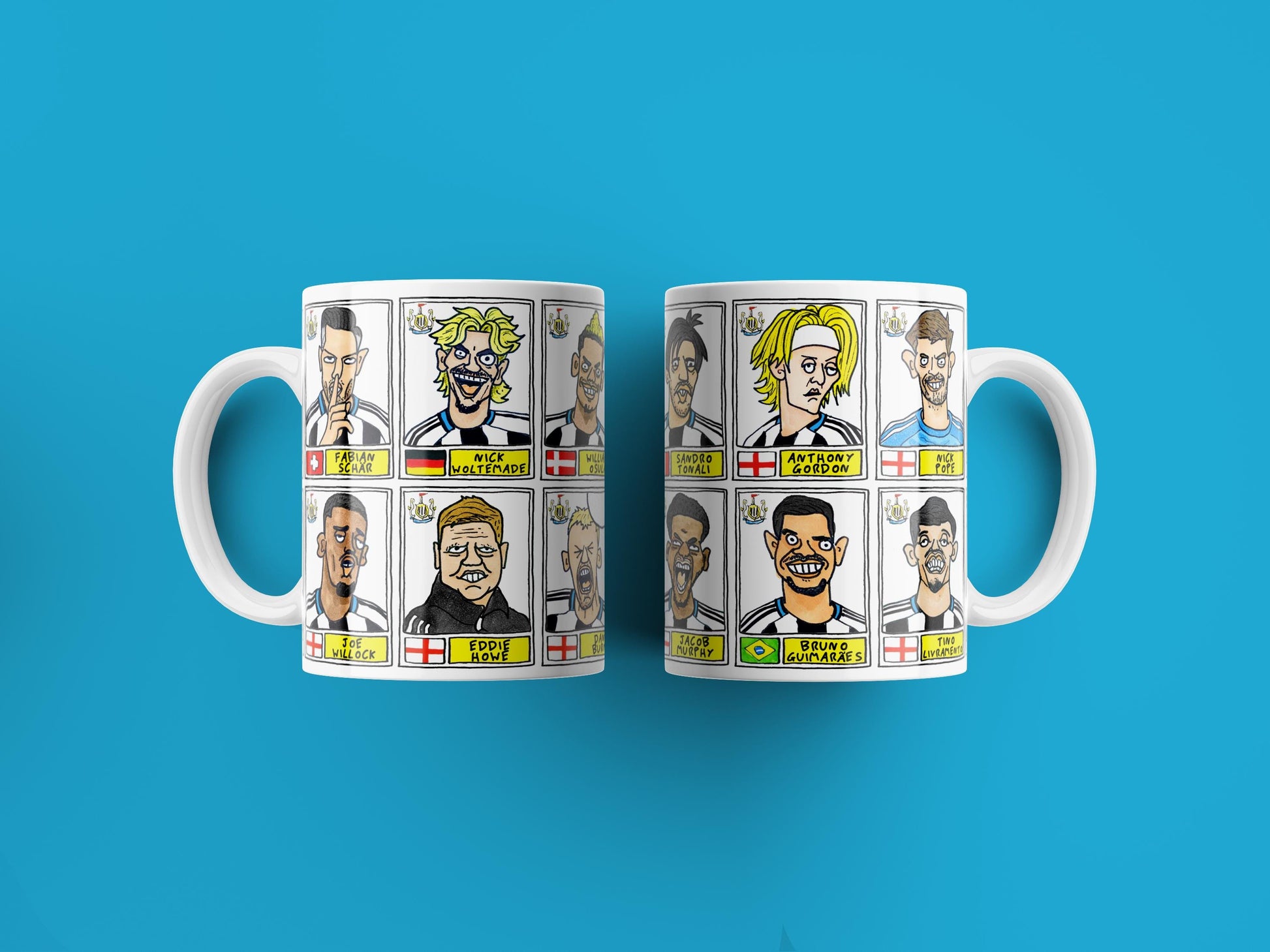Newcastle United 25/26 - No Score Draws Mug Set - Set of TWO DIFFERENT 11oz Ceramic Mugs with 24 Wonky Panini-Doodles of NUFC 25/26 Magpies