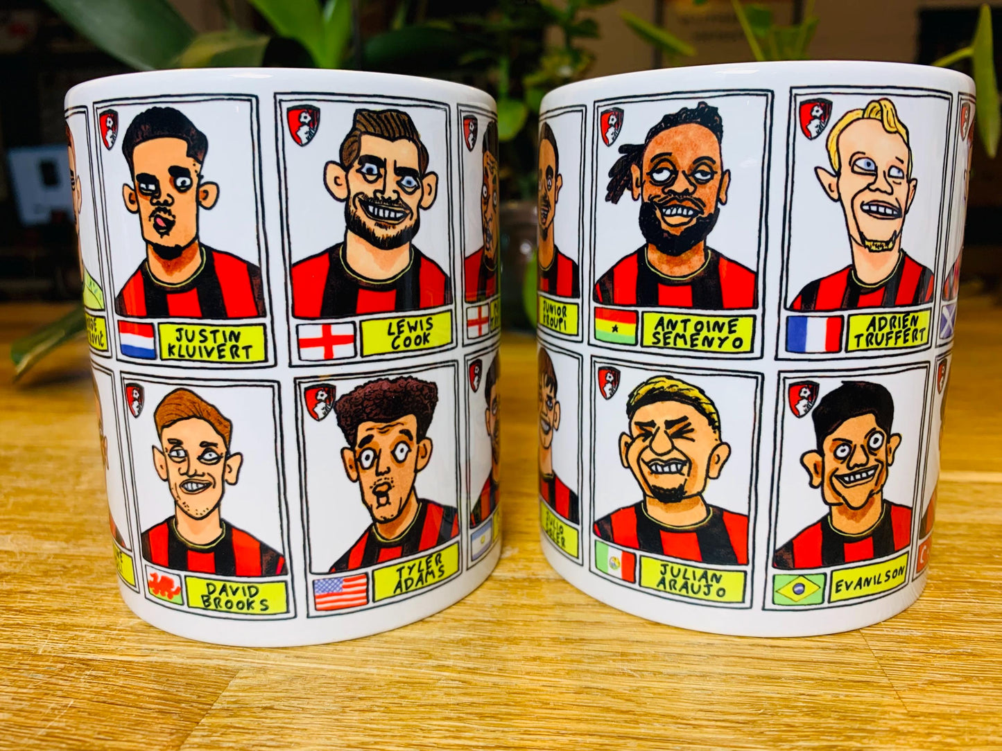 Bournemouth Volume 2 - Cherries 24-25 No Score Draws Mug Set - Set of TWO DIFFERENT 11oz Ceramic Mugs with Wonky Panini-style AFCB Doodles