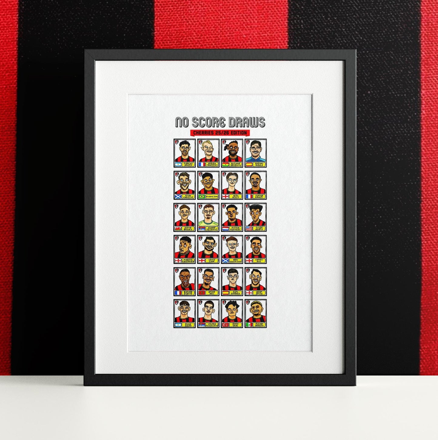 Bournemouth Volume 2 - No Score Draws Cherries 24-25 Edition - A3 print of 24 Wonky Panini-style football doodles of Iraola's AFCB Side