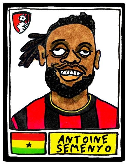 Bournemouth Volume 2 - No Score Draws Cherries 24-25 Edition - A3 print of 24 Wonky Panini-style football doodles of Iraola's AFCB Side