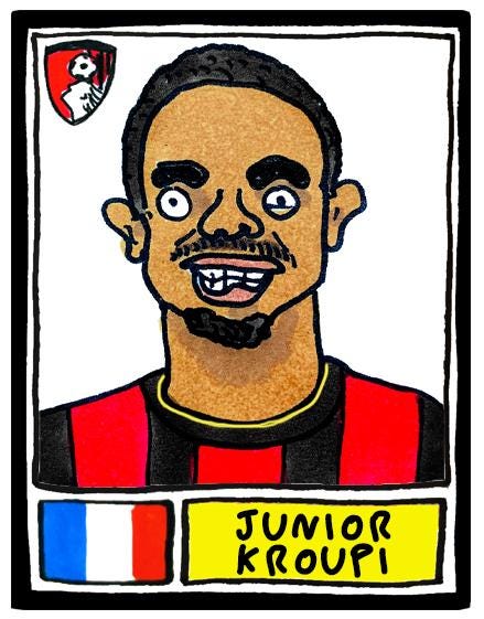 Bournemouth 25/26 - No Score Draws Cherries 25/26 Edition - A3 print of 24 Wonky Panini-style football doodles of Iraola's AFCB Side