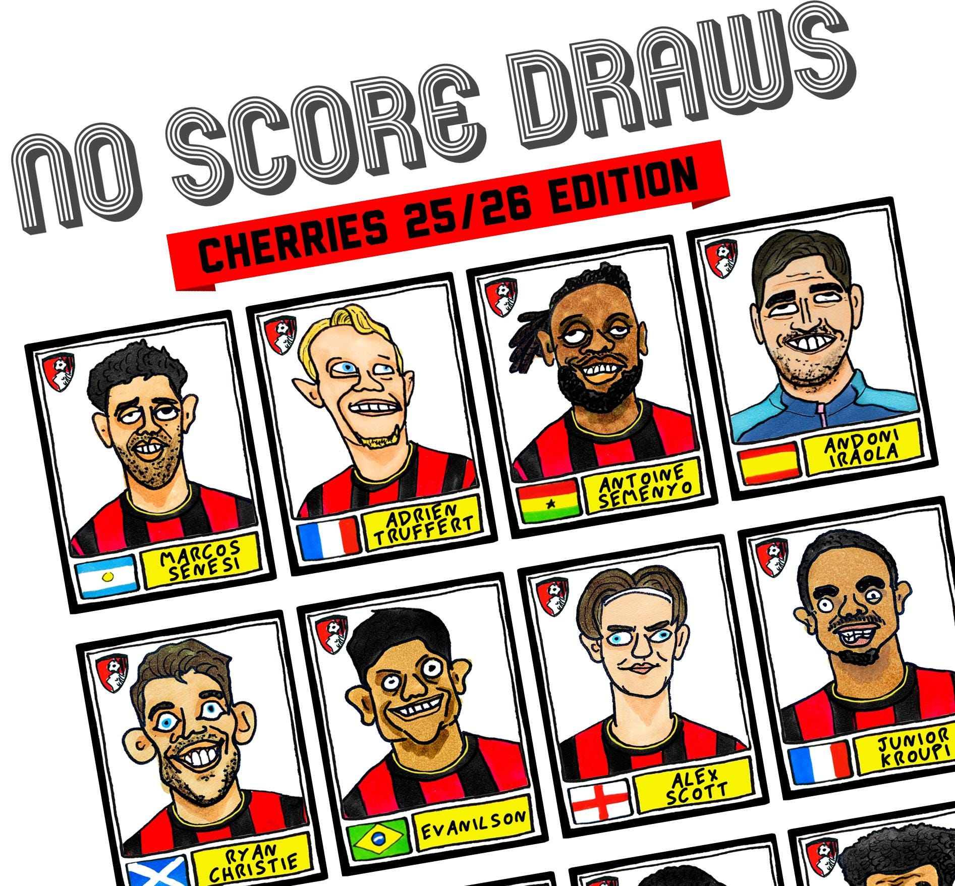 Bournemouth Volume 2 - No Score Draws Cherries 24-25 Edition - A3 print of 24 Wonky Panini-style football doodles of Iraola's AFCB Side