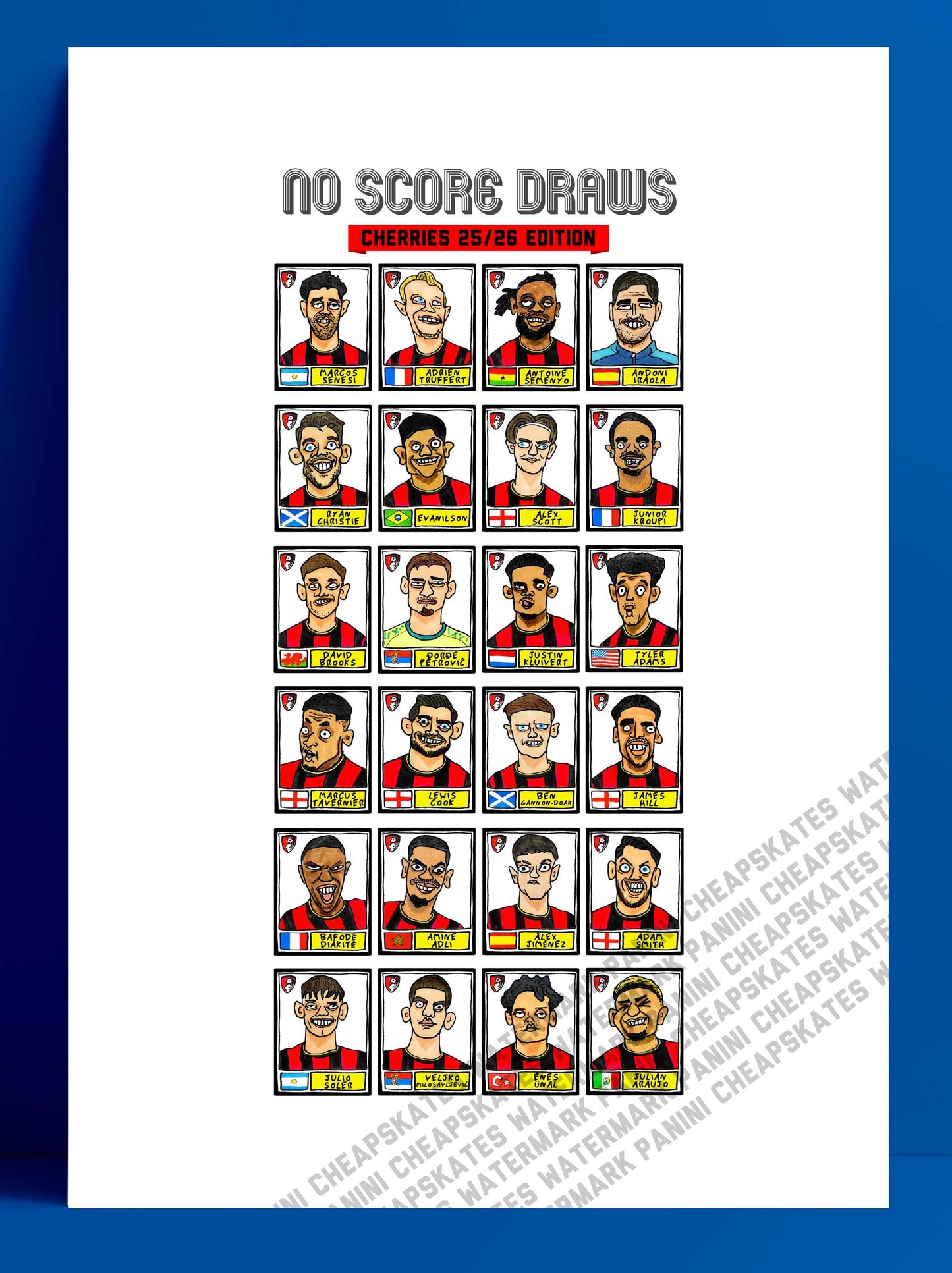 Bournemouth Volume 2 - No Score Draws Cherries 24-25 Edition - A3 print of 24 Wonky Panini-style football doodles of Iraola's AFCB Side